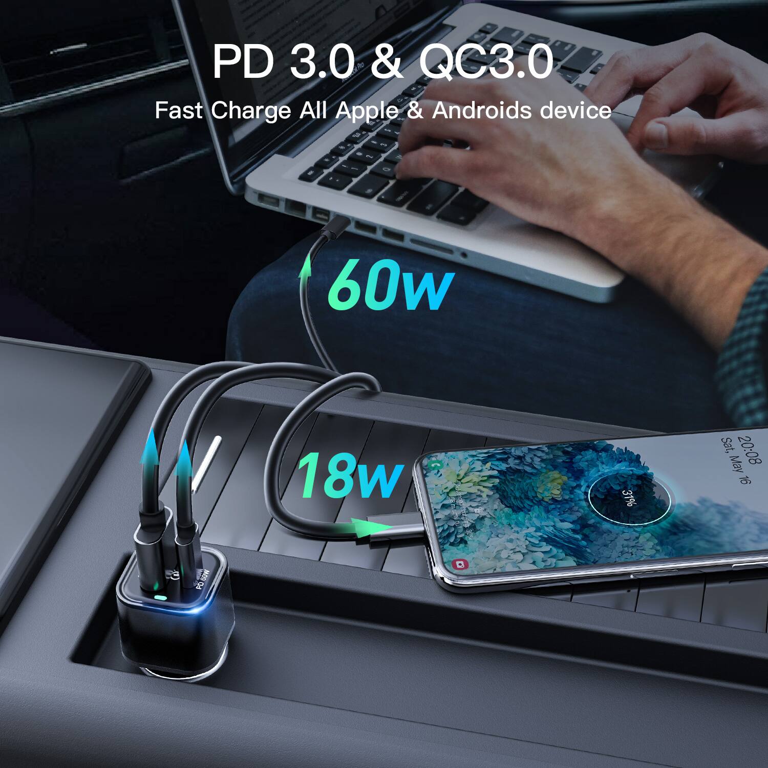 PD 3.0 & QC3.0 5 Fast Charge All Apple & Androids device. 60w 18w 31% Sat, 20:08 May 16