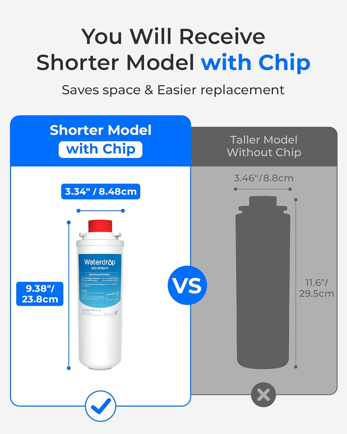 You Will Receive Shorter Model with Chip  
Saves space & Easier replacement  

Shorter Model with Chip  
3.34" / 8.48cm  
9.38" / 23.8cm  

Taller Model Without Chip  
3.46" / 8.8cm  
11.6" / 29.5cm  

Waterdrop WD-W23-R
