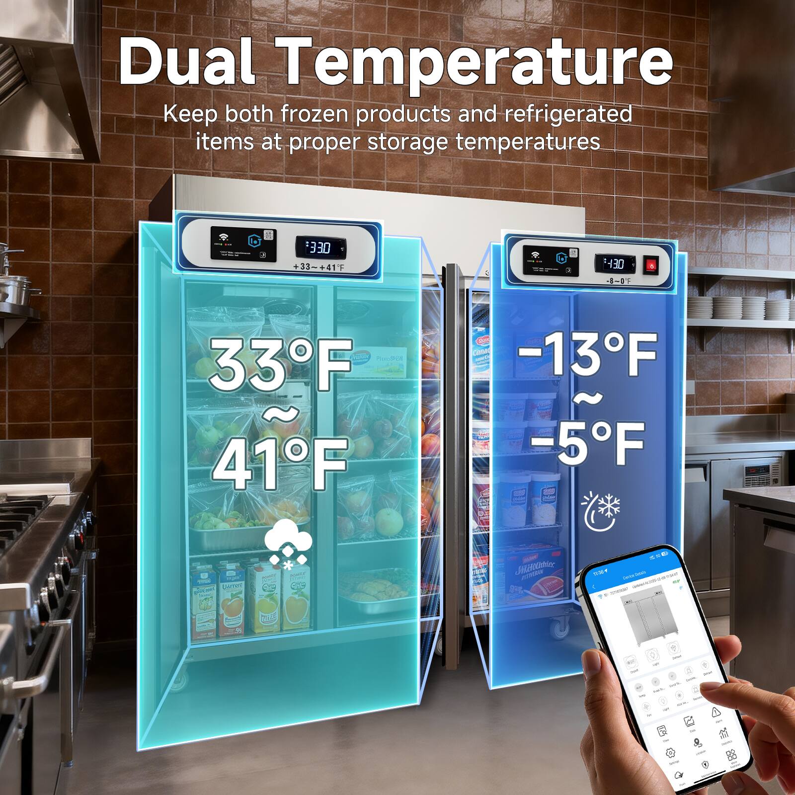 Dual Temperature  
Keep both frozen products and refrigerated items at proper storage temperatures  
33°F ~ 41°F  
-13°F ~ -5°F
