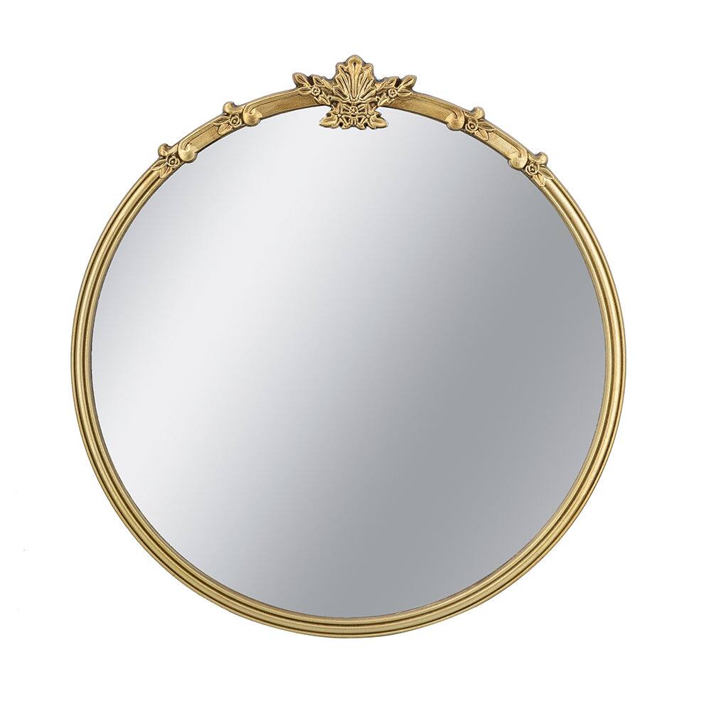 Angle. BreeBe - 30x31' Round Wall Mirror With Gold Finish And Decorative Leaf Crest - Gold.