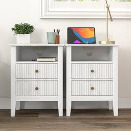 RoyalCraft - Fluted 2 Drawer Nightstand with Charging Station, Set of 2 - White
