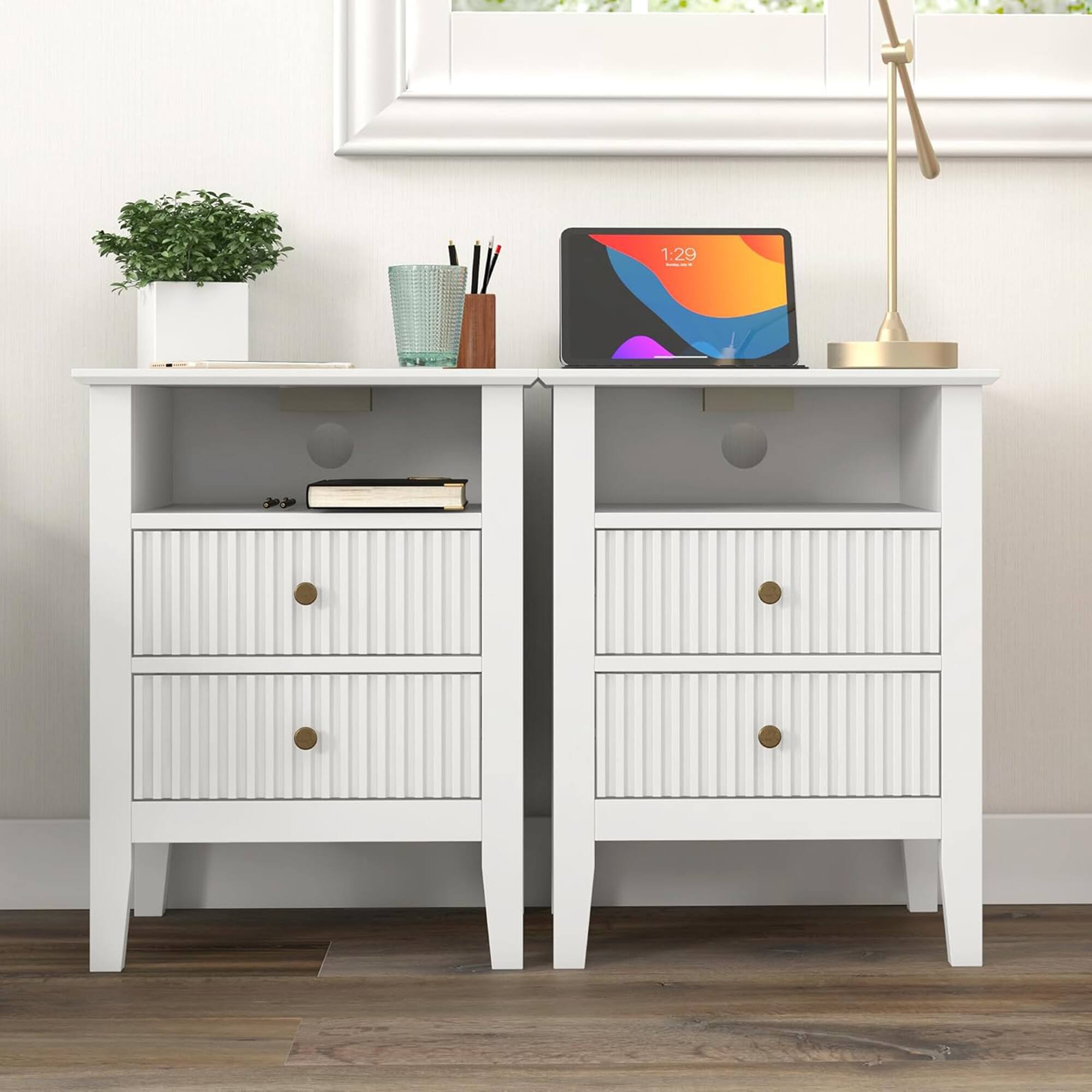 Front. RoyalCraft - RoyalCraft Fluted 2 Drawer Nightstand with Charging Station, Set of 2, White - White.