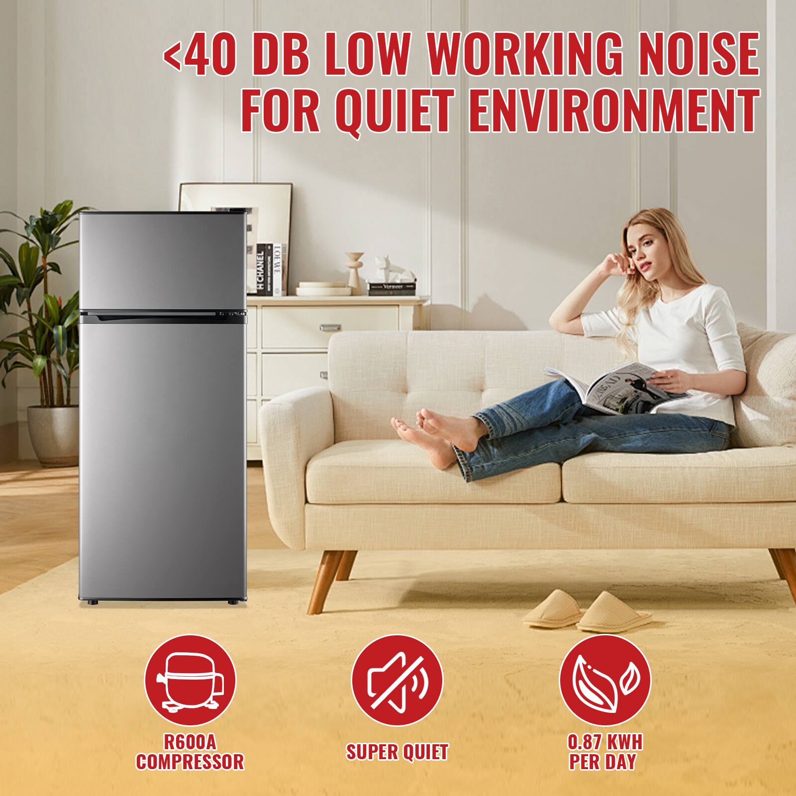Sure, here is the corrected and grouped text from the image:

---

**<40 DB LOW WORKING NOISE FOR QUIET ENVIRONMENT**

- **R600A COMPRESSOR**
- **SUPER QUIET**
- **0.87 KWH PER DAY**

---