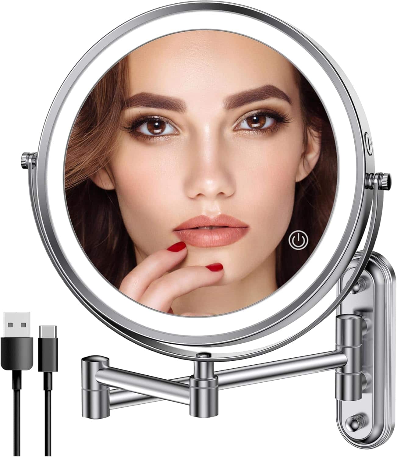 Stamp n Camp - Rocollos Two-Fingers-Width Narrow Base Rechargeable Wall Mounted Lighted Makeup Mirror,3 Color Lights Dimmable Touch 13 - Polishing Chrome