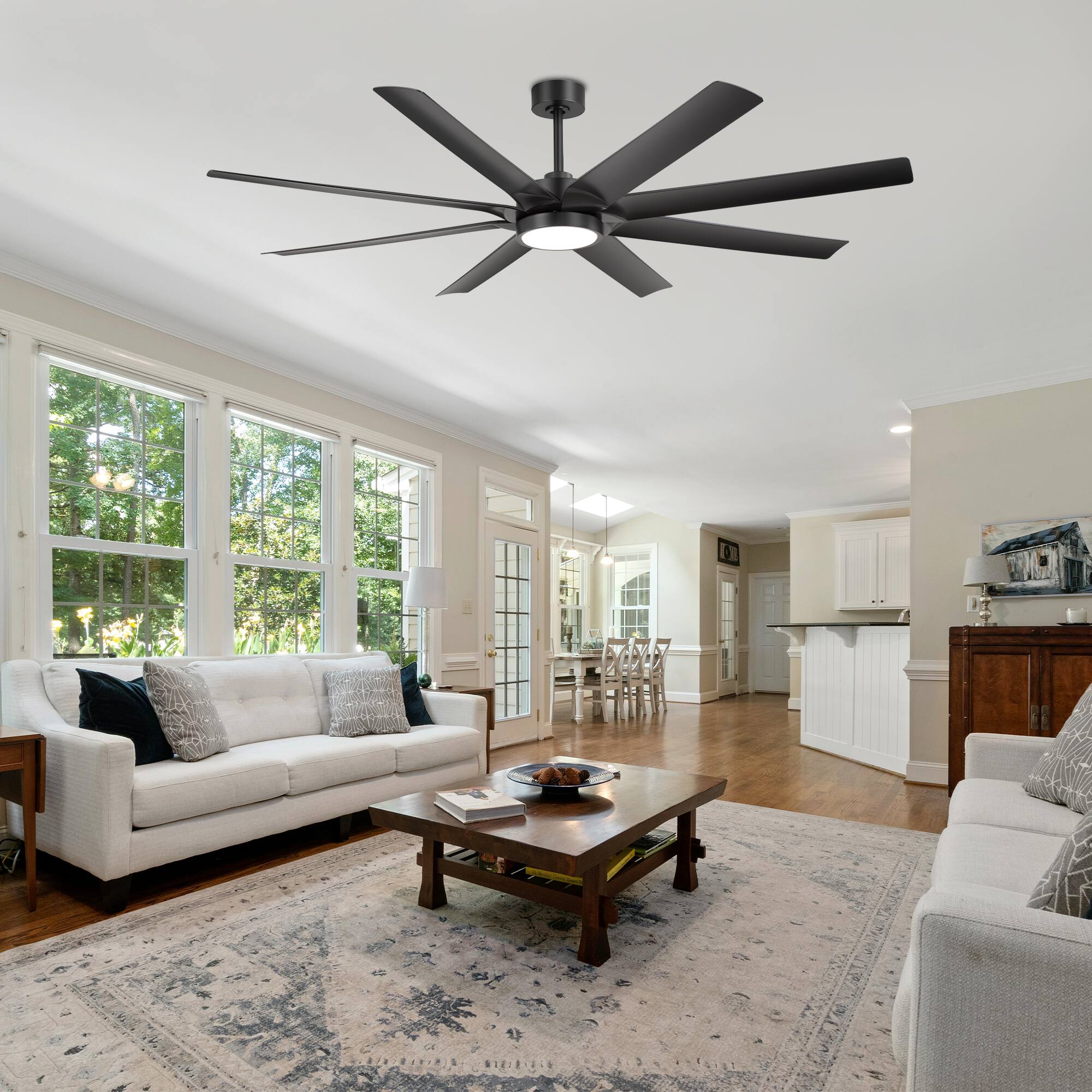 Alt View 1. Breezary - 72 Inch Ceiling Fan with 3-Color Light, 8 ABS Blades, 6''&12'' Downrods, DC Motor, 6-Speed Remote with Timer - Matte Black.