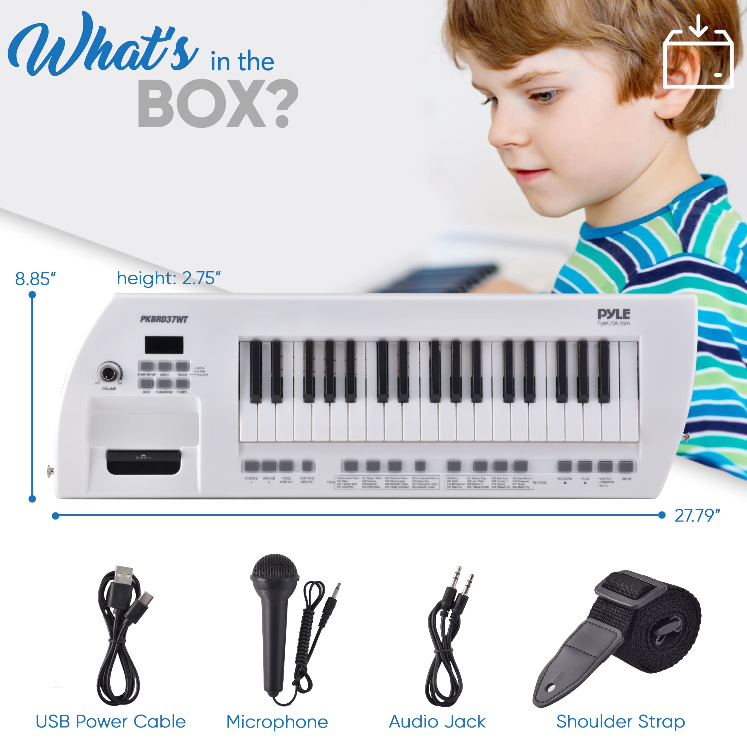 What's in the BOX?

- 8.85" height: 2.75" PKBRD37WT
- PYLE PHUSA.com
- USB Power Cable
- Microphone
- Audio Jack
- Shoulder Strap