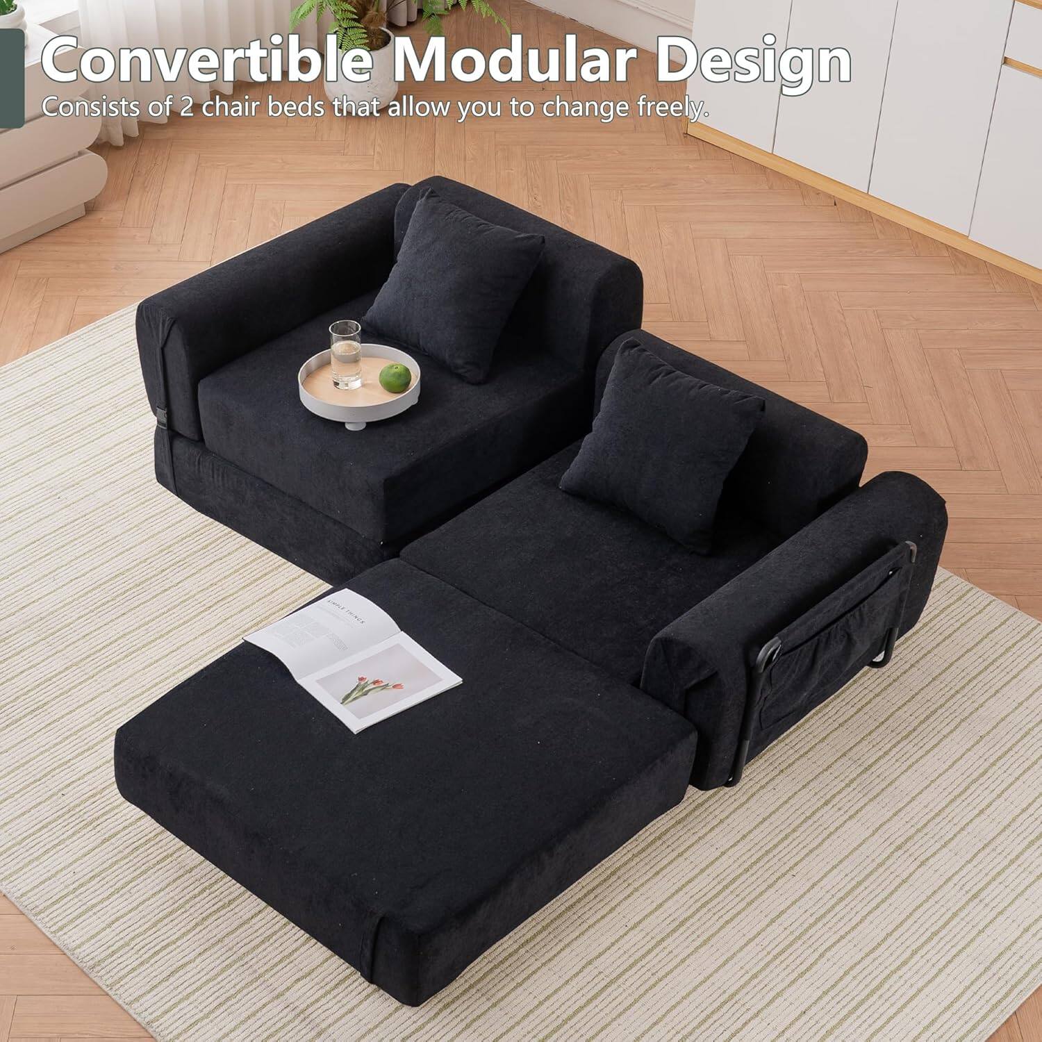 Convertible Modular Design  
Consists of 2 chair beds that allow you to change freely.