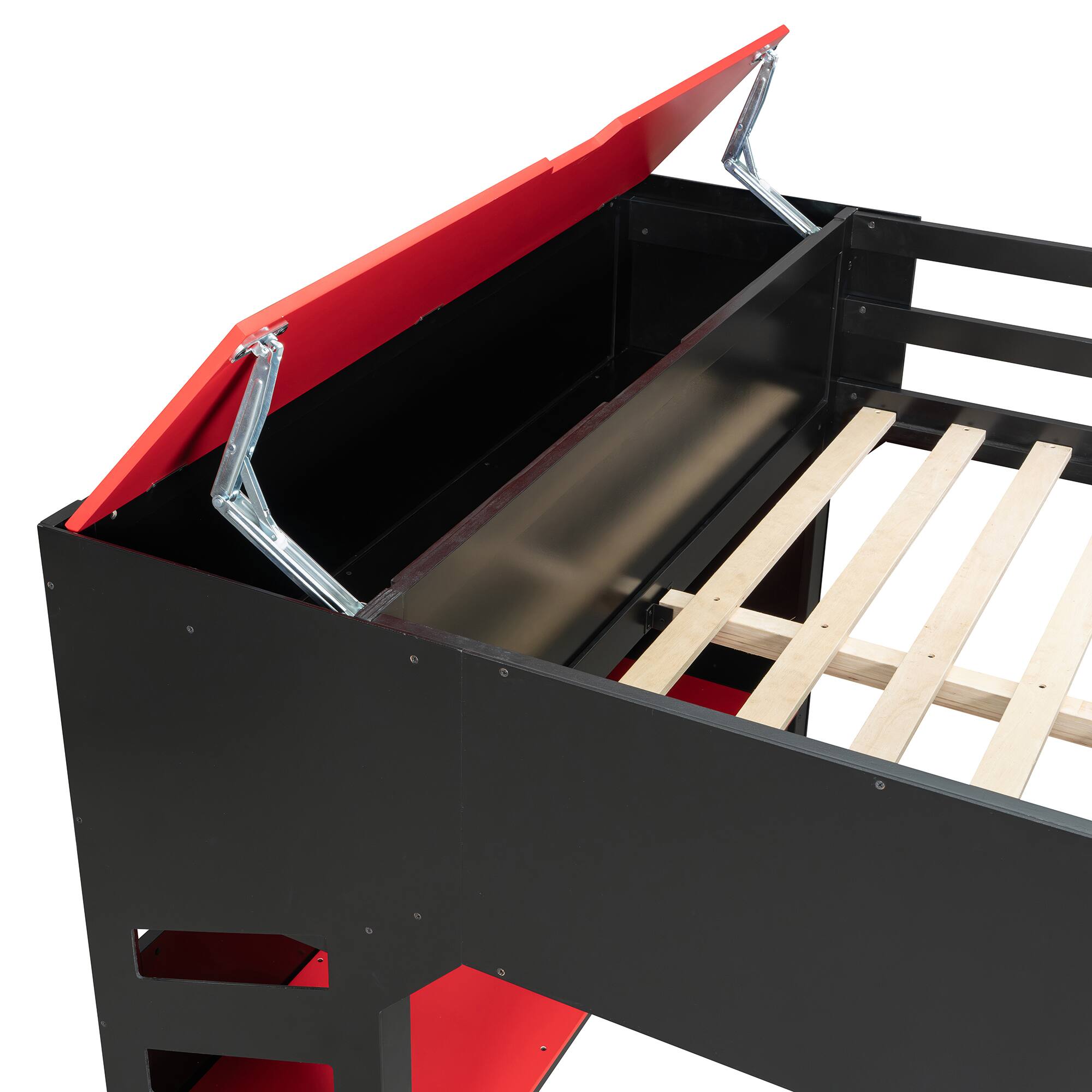 Alt View 2. Anysun - Full Size Wood Loft Bed with Height-adjustable Desk,Drawers,Storage Compartments,Hanging Rod and RGB Lights - Red.