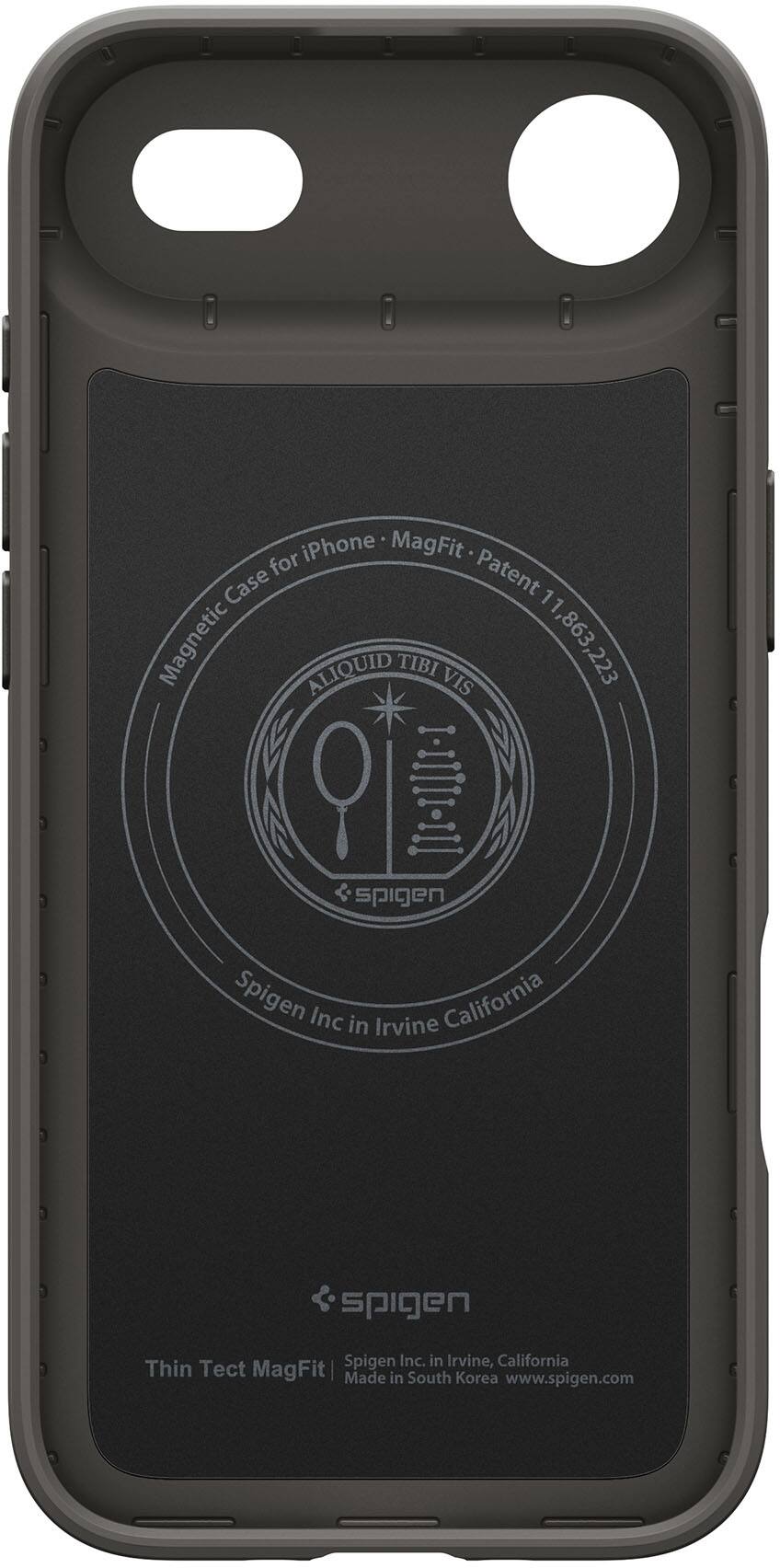 Sure, here is the corrected and grouped text:

---

**iPhone MagFit for Patent Case 1**  
Magnetic Case for iPhone - MagFit - Patent 11,863,223  
ALIQUID TIBI VIS  

Spigen Inc in Irvine, California  

Thin Tect MagFit  
Spigen Inc. in Irvine, California  
Made in South Korea  
www.spigen.com  

---