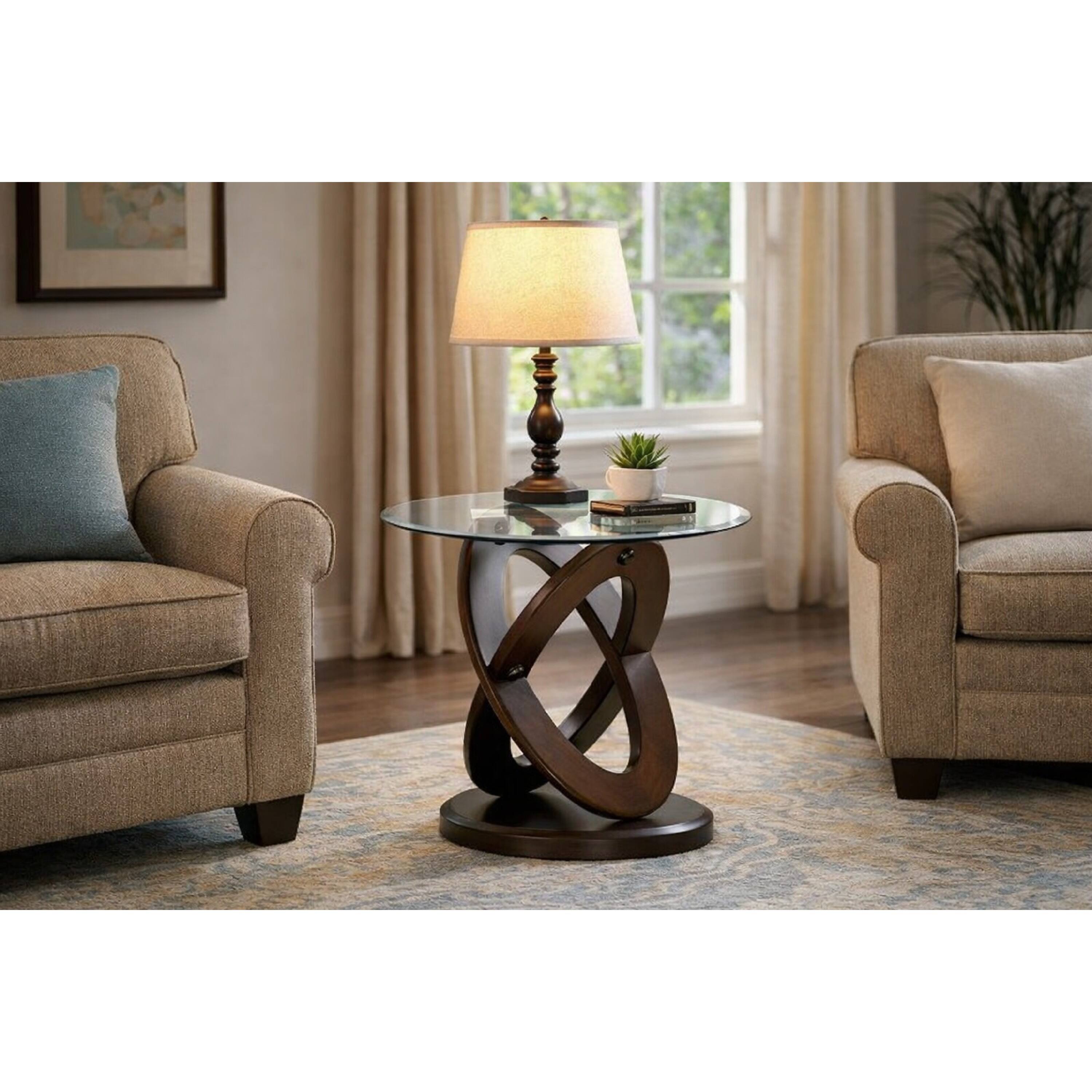 Alt View 8. Manhattan Lane - Cross Oval Base End Table with Round Glass Top - Brown and Clear.