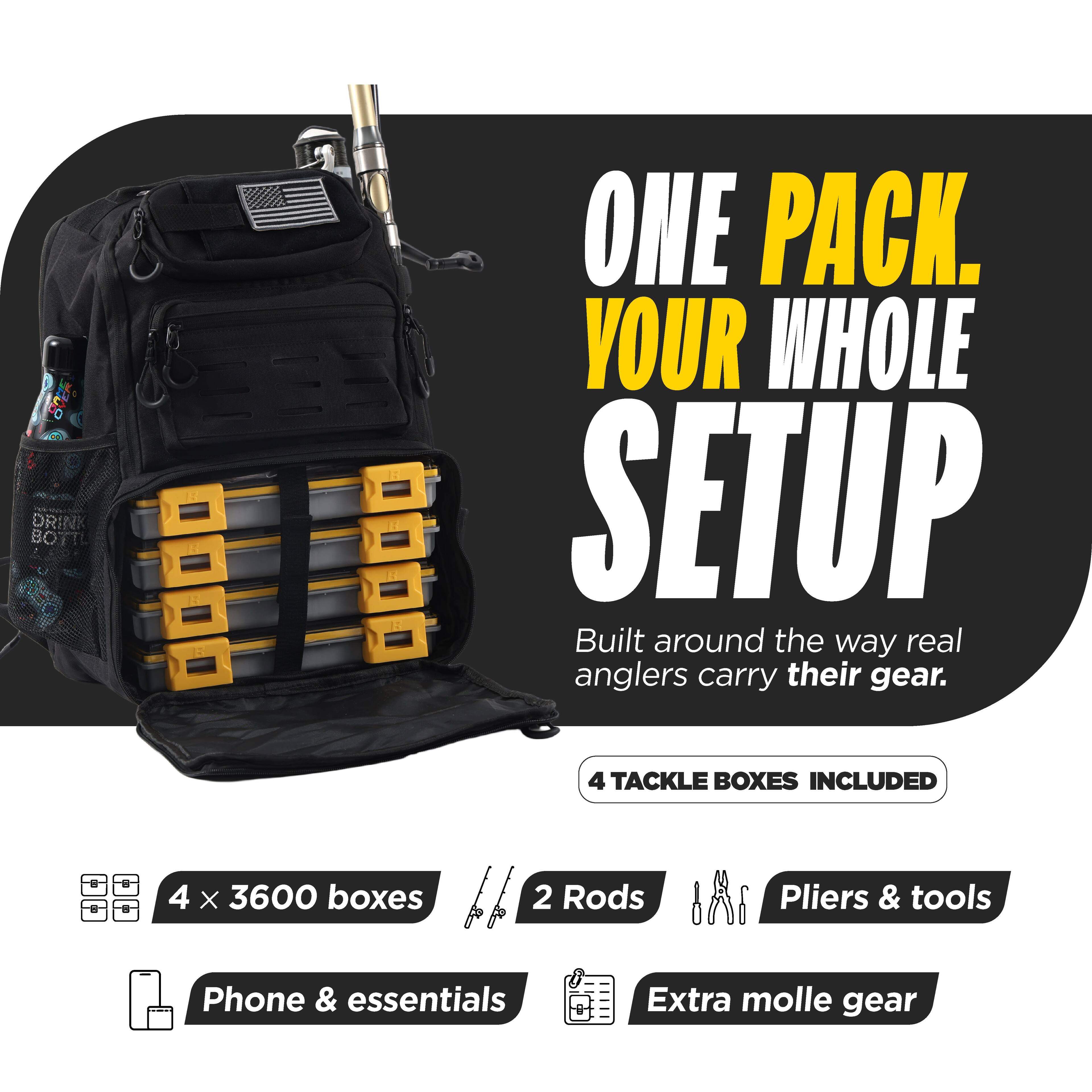 ONE PACK. YOUR WHOLE SETUP  
Built around the way real anglers carry their gear.  

4 TACKLE BOXES INCLUDED  
4 x 3600 boxes  
2 Rods  
Pliers & tools  
Phone & essentials  
Extra molle gear