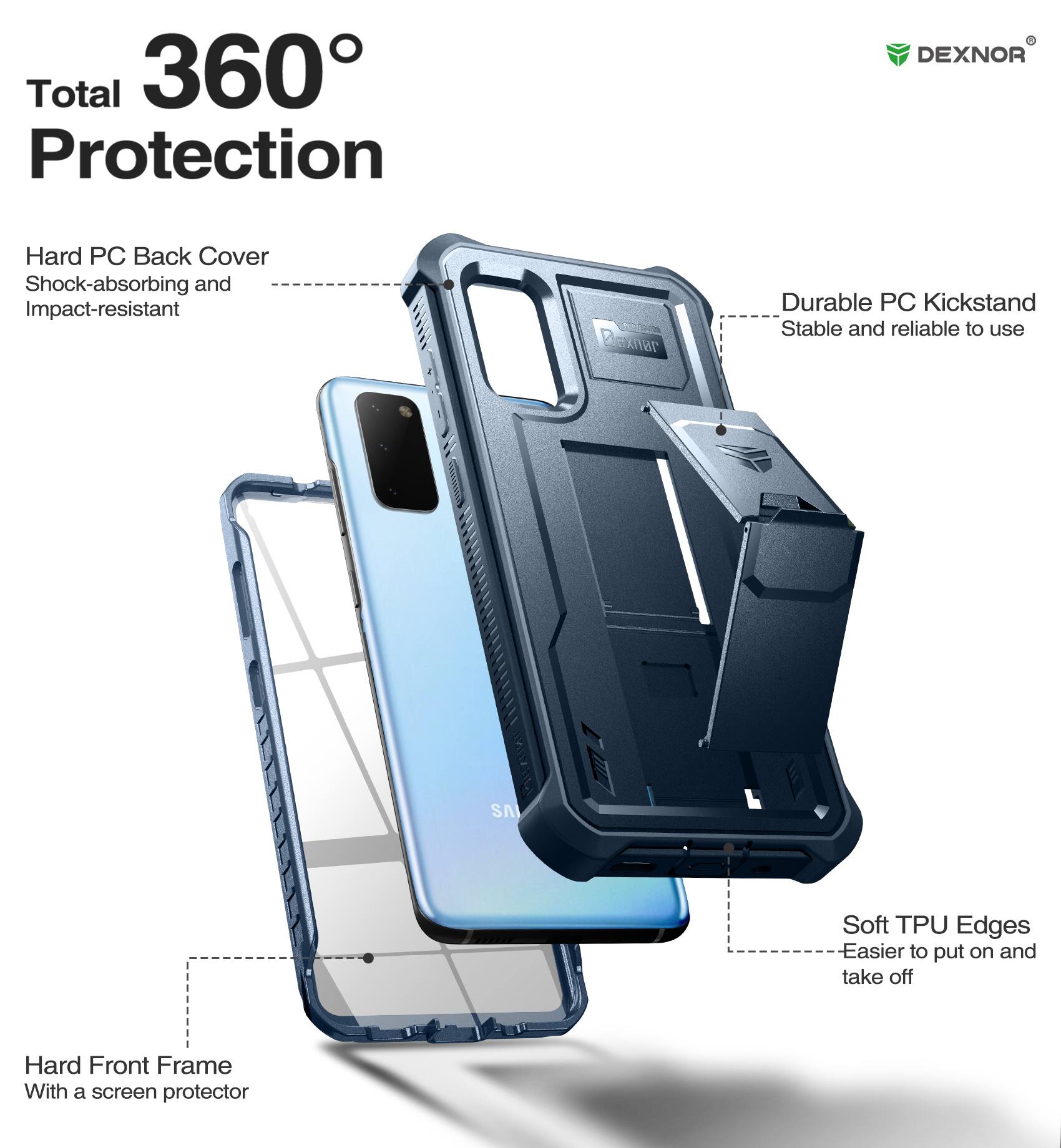 Total 360° Protection

- Hard PC Back Cover
  - Shock-absorbing and Impact-resistant

- Durable PC Kickstand
  - Stable and reliable to use

- Soft TPU Edges
  - Easier to put on and take off

- Hard Front Frame
  - With a screen protector