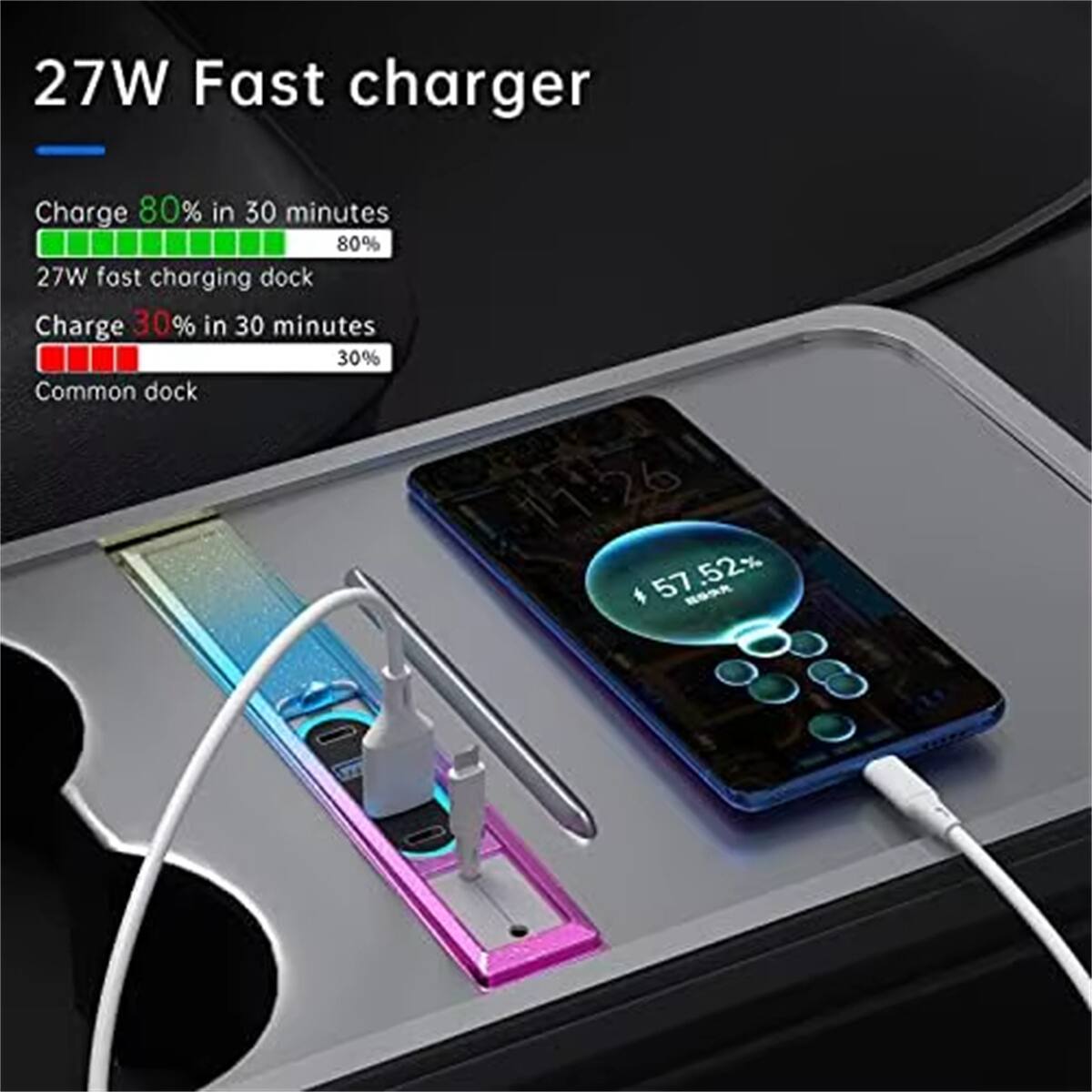 27W Fast charger

Charge 80% in 30 minutes  
27W fast charging dock

Charge 30% in 30 minutes  
Common dock