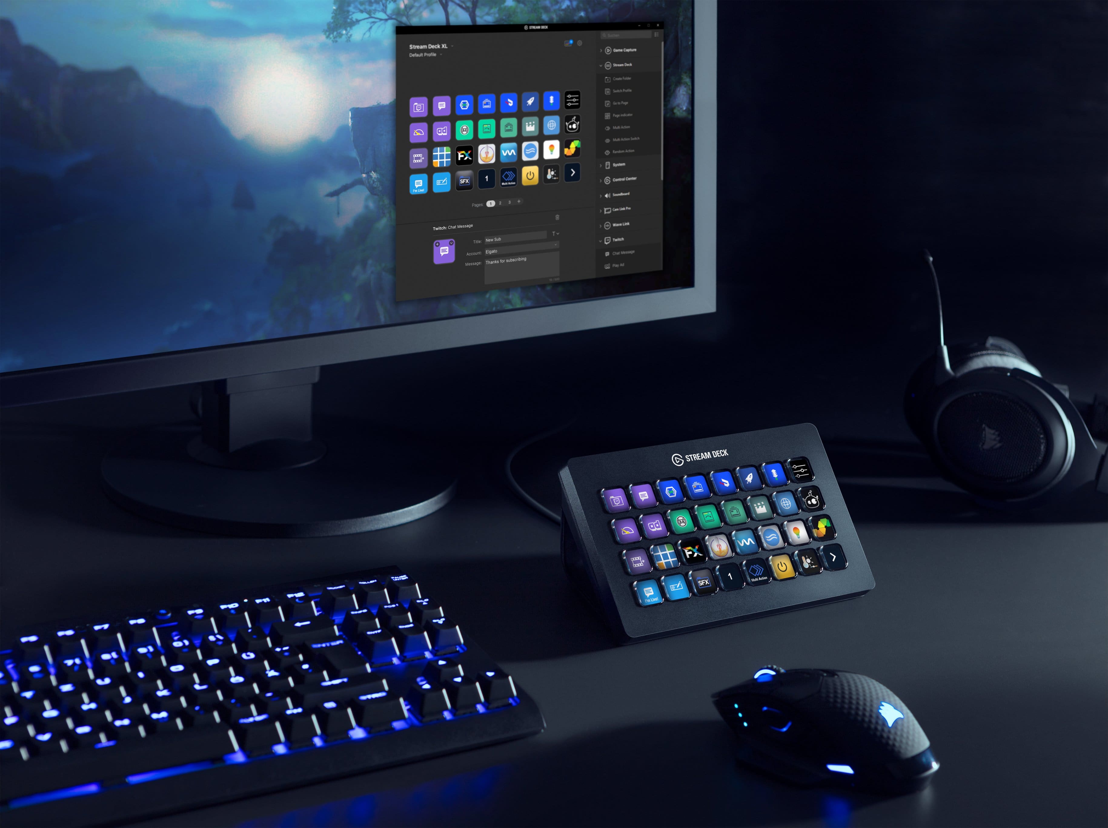 The image features a computer setup with a keyboard, mouse, and two monitors. The keyboard is a colorful, illuminated keyboard with blue and green lights. The mouse is located near the keyboard, and the two monitors are positioned side by side. The computer setup appears to be a gaming setup, as indicated by the presence of the Stream Deck.
