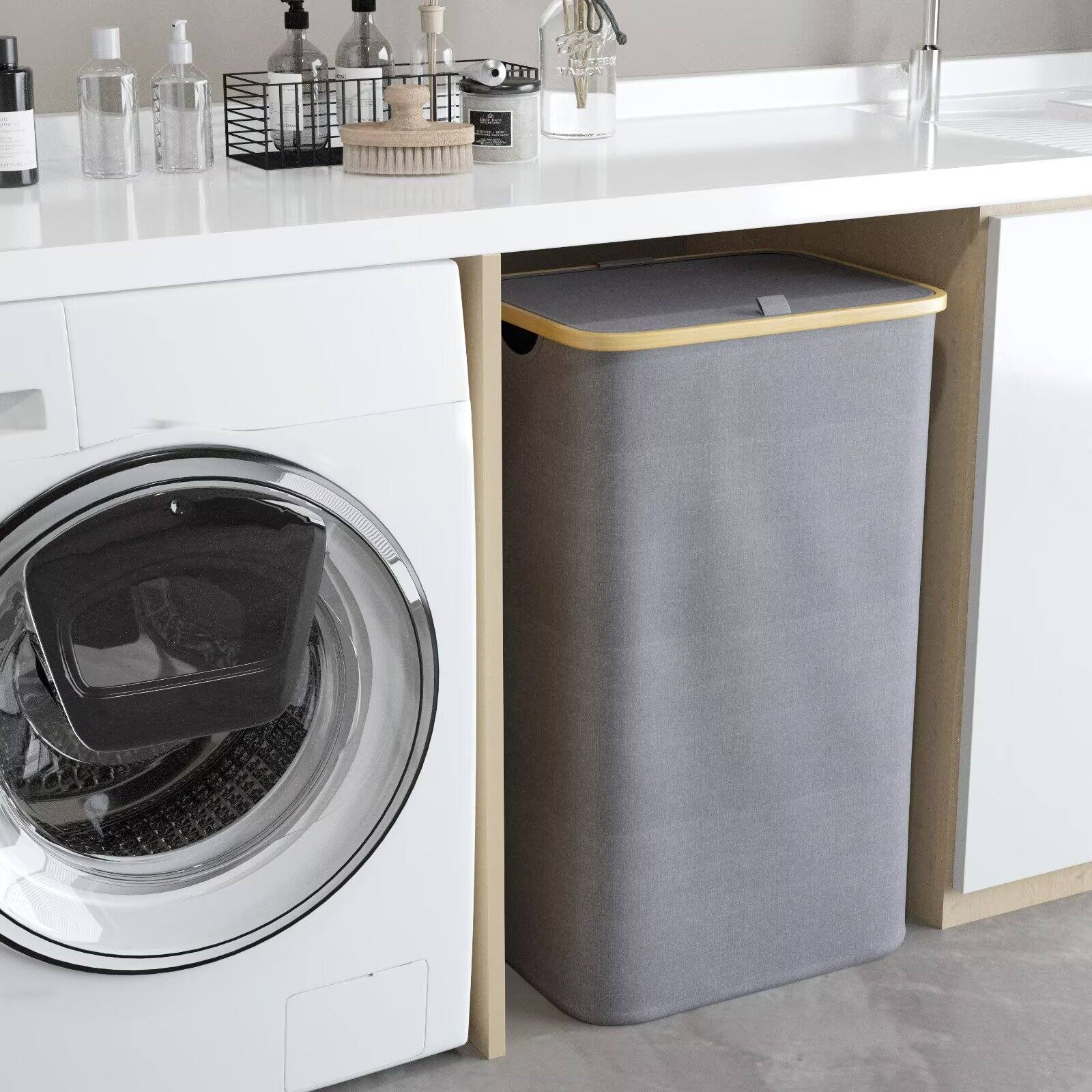 Alt View 1. Tooloton - Large Laundry Hamper with Lid (110L) – Collapsible Tall Clothes Basket with Bamboo Handles, Grey - Grey.