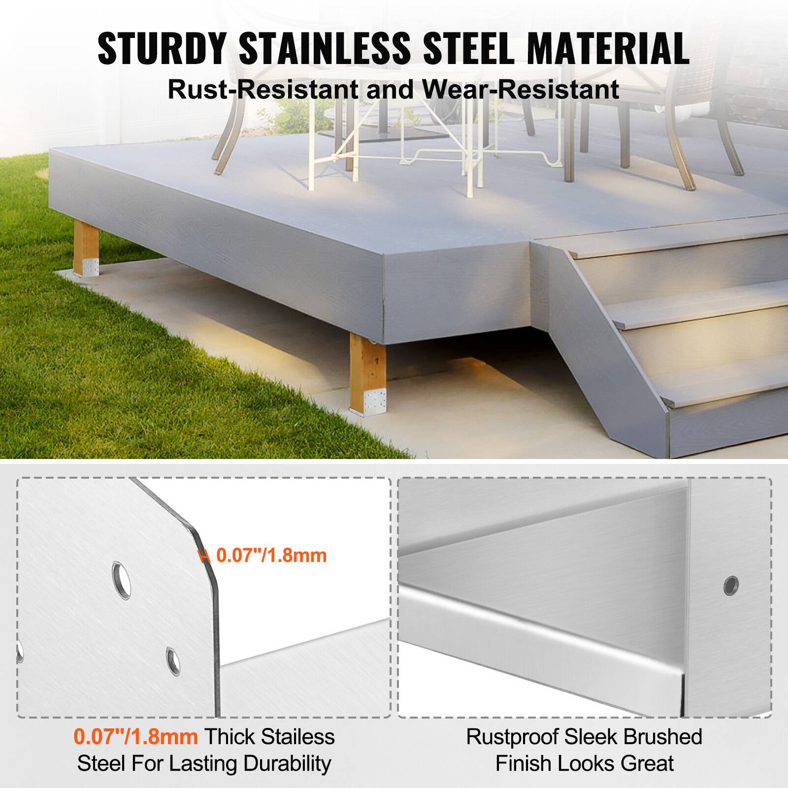 STURDY STAINLESS STEEL MATERIAL  
Rust-Resistant and Wear-Resistant  

0.07"/1.8mm Thick Stainless Steel For Lasting Durability  

Rustproof Sleek Brushed Finish Looks Great