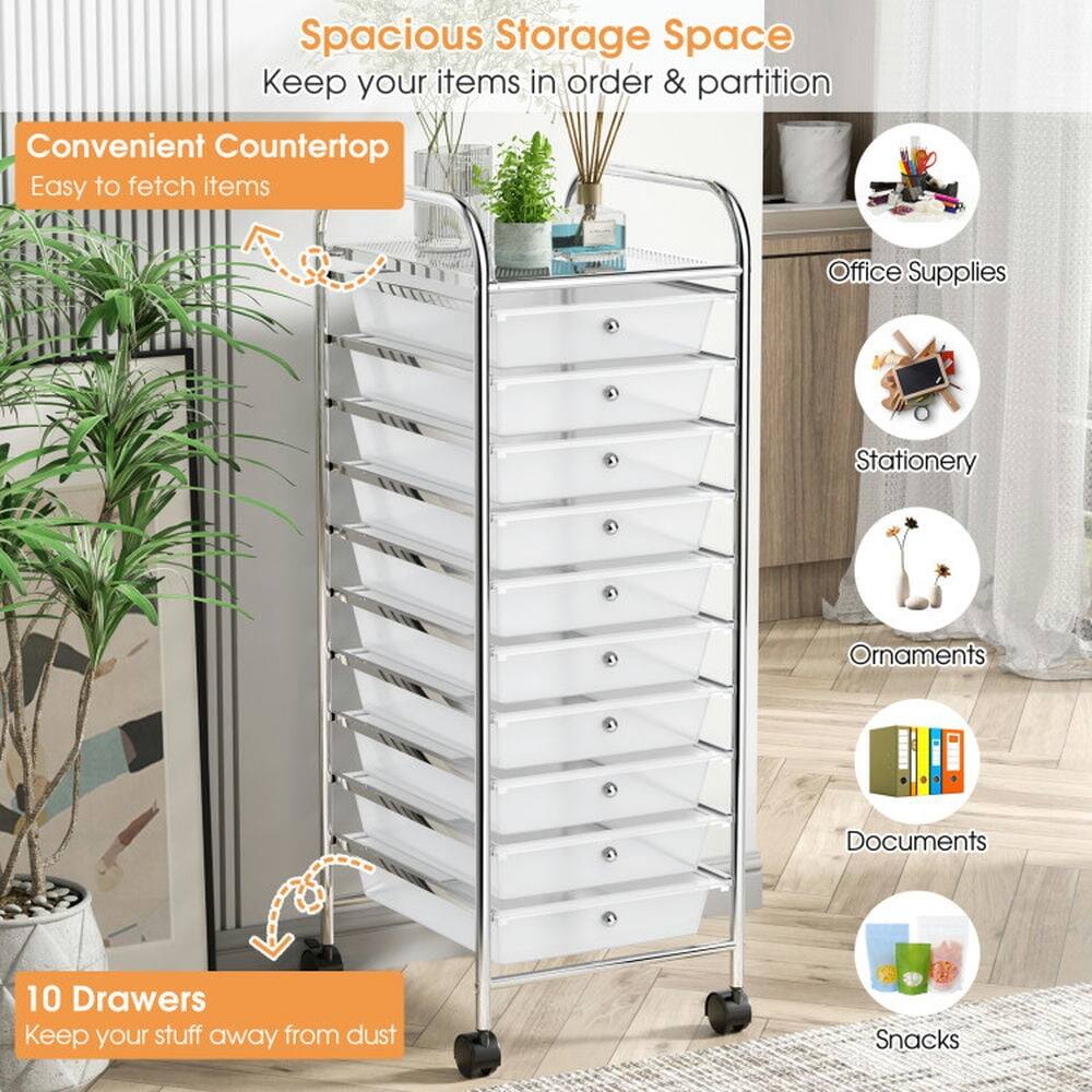 Spacious Storage Space  
Keep your items in order & partition  

Convenient Countertop  
Easy to fetch items  

Office Supplies  
Stationery  
Ornaments  
Documents  

10 Drawers  
Keep your stuff away from dust  

Snacks