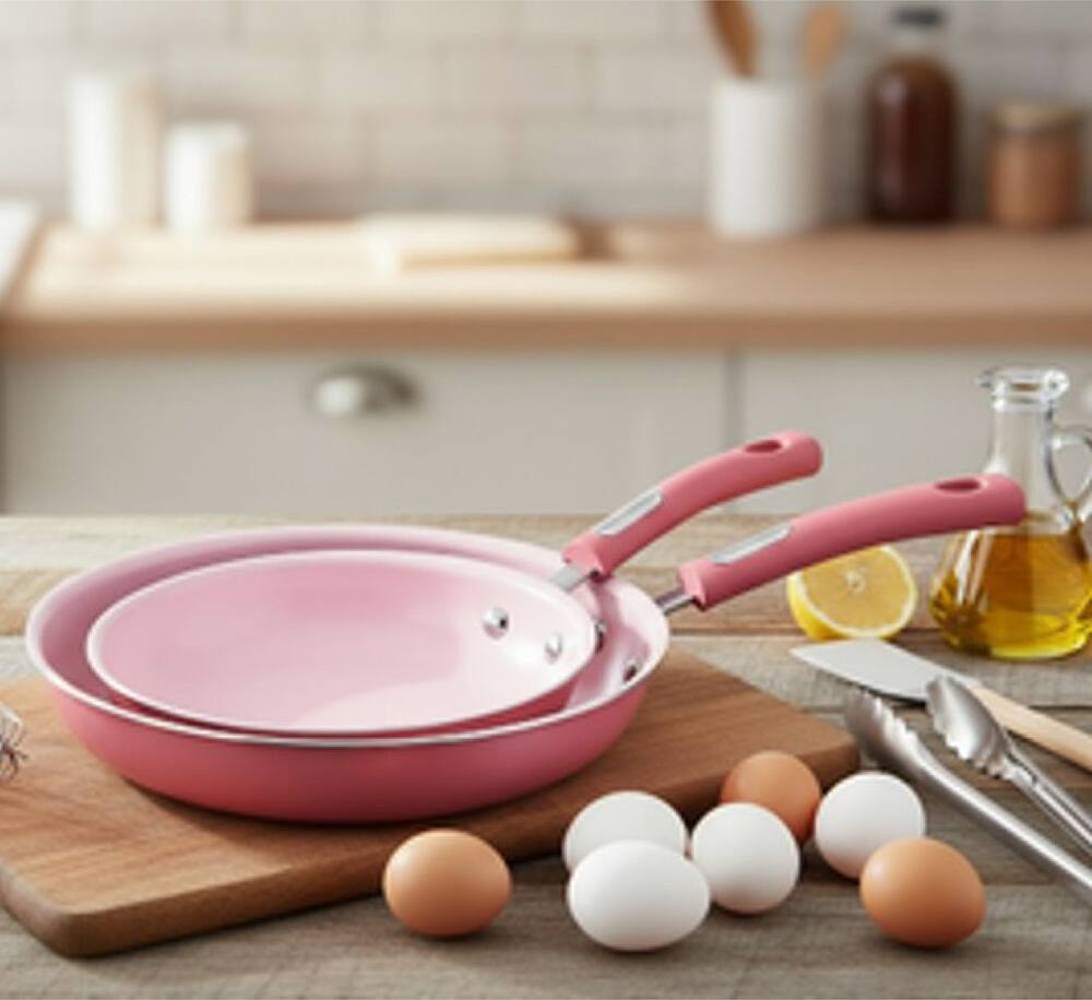 Alt View 1. Hamilton Beach - Set of 2 Aluminum Fry Pans with Ceramic Coating - Pink - Pink.