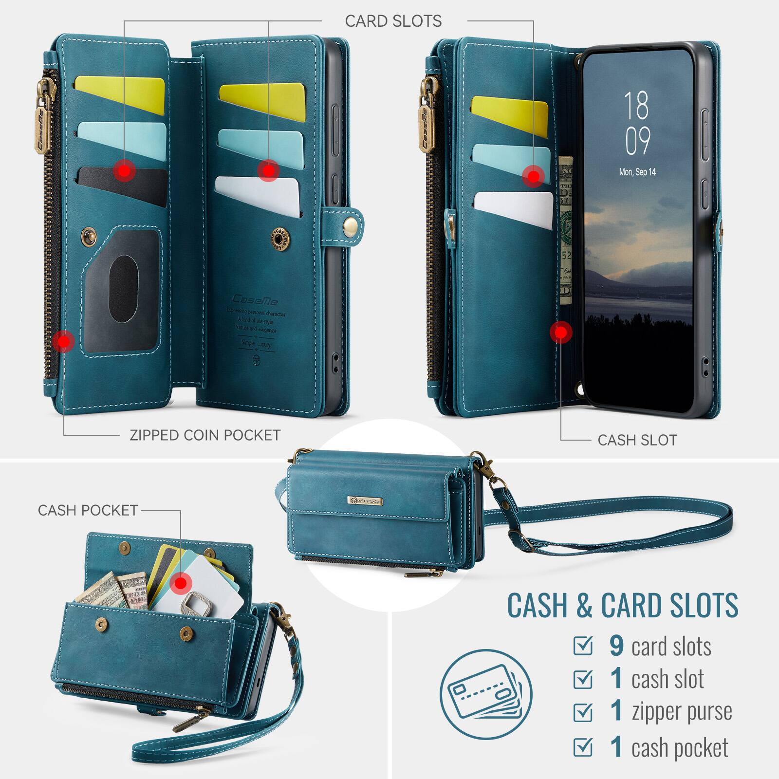 CARD SLOTS

18 09 Mon, Sep 14

CeseMe

ZIPPEO COIN POCKET

CASH POCKET

CASH & CARD SLOTS

9 card slots

1 cash slot

1 zipper purse

1 cash pocket