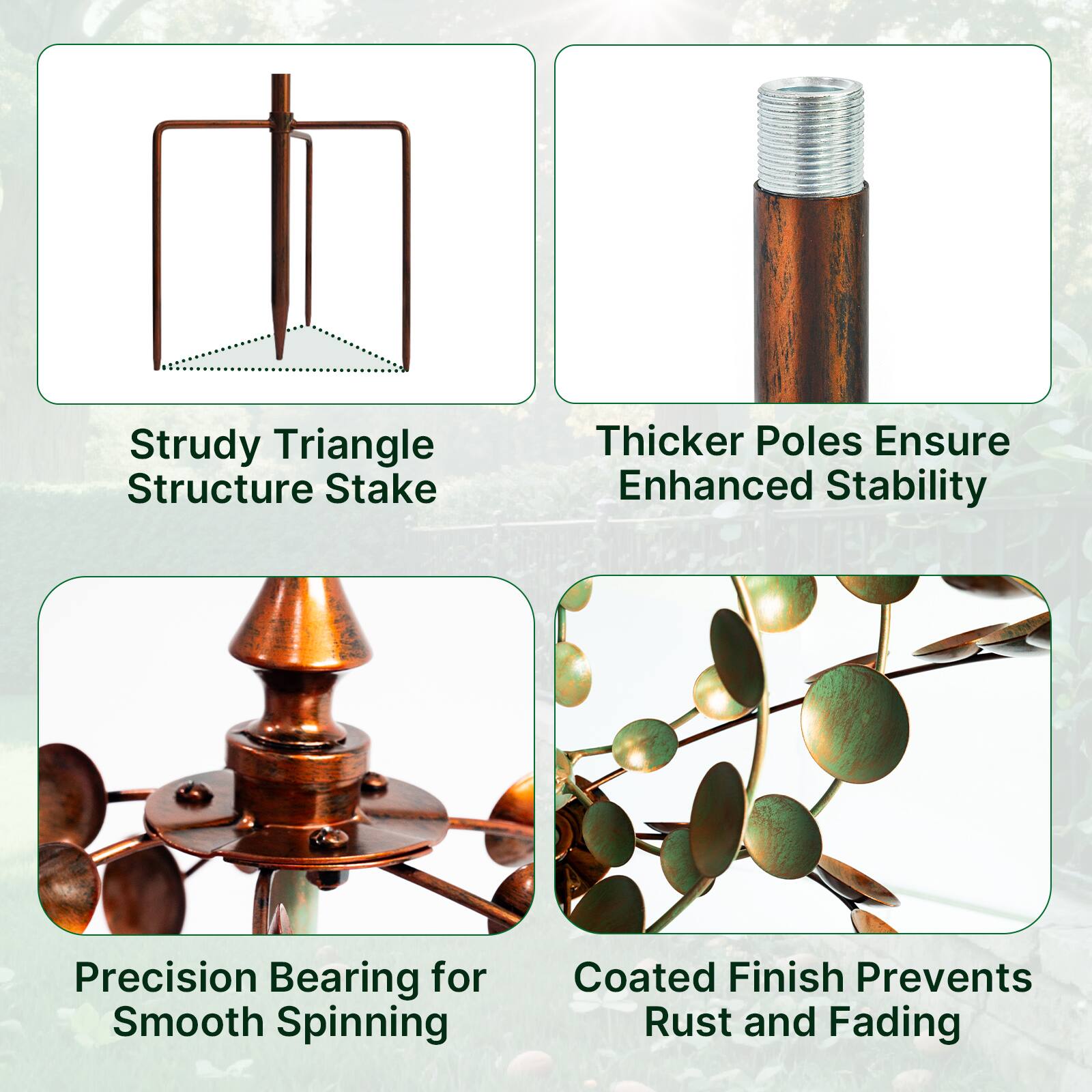 Sure, here is the corrected and grouped text:

1. **Strudy Triangle Structure Stake**
2. **Thicker Poles Ensure Enhanced Stability**
3. **Precision Bearing for Smooth Spinning**
4. **Coated Finish Prevents Rust and Fading**