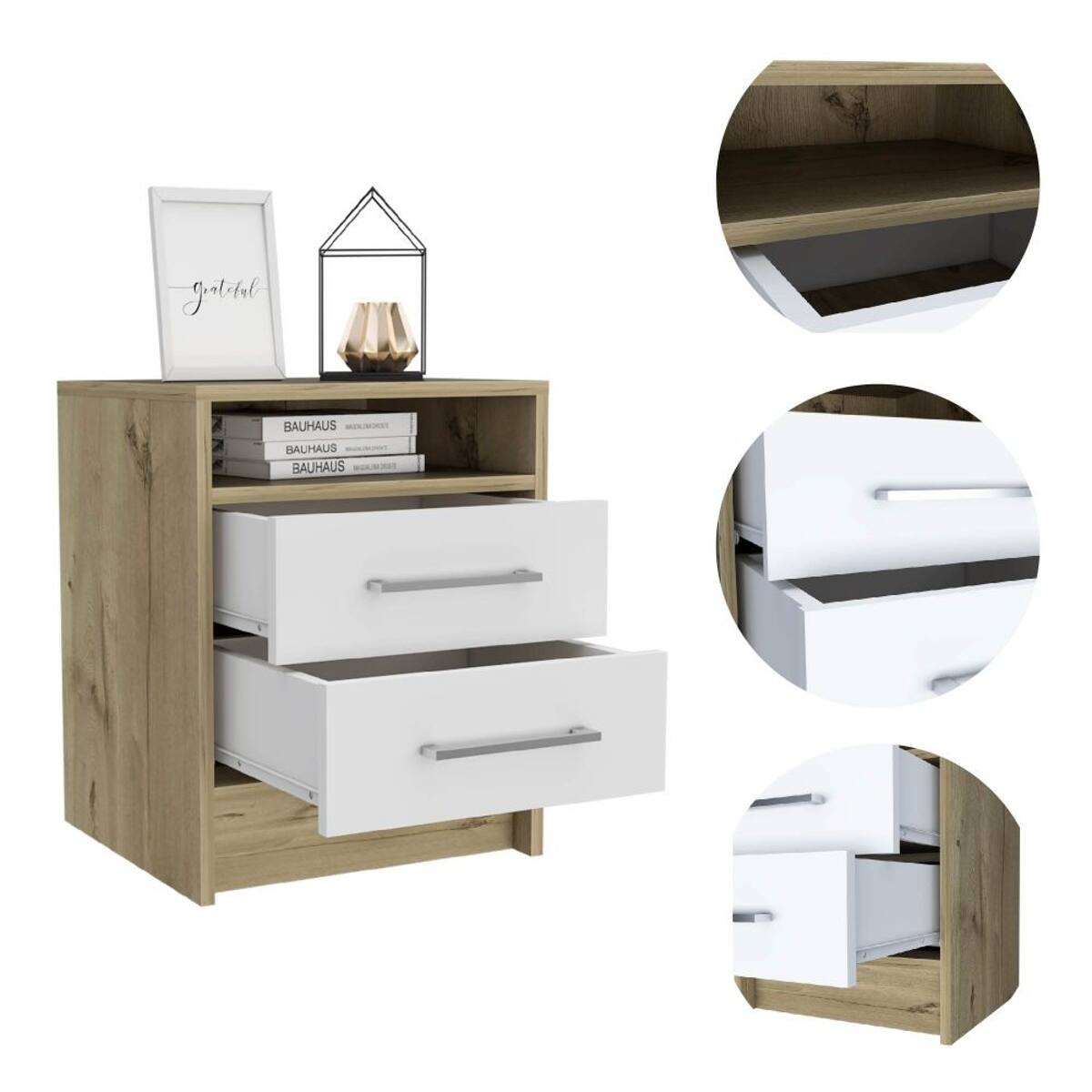 Loheer Compact Two Drawer Nightstand with Shelf White and Light Oak ...