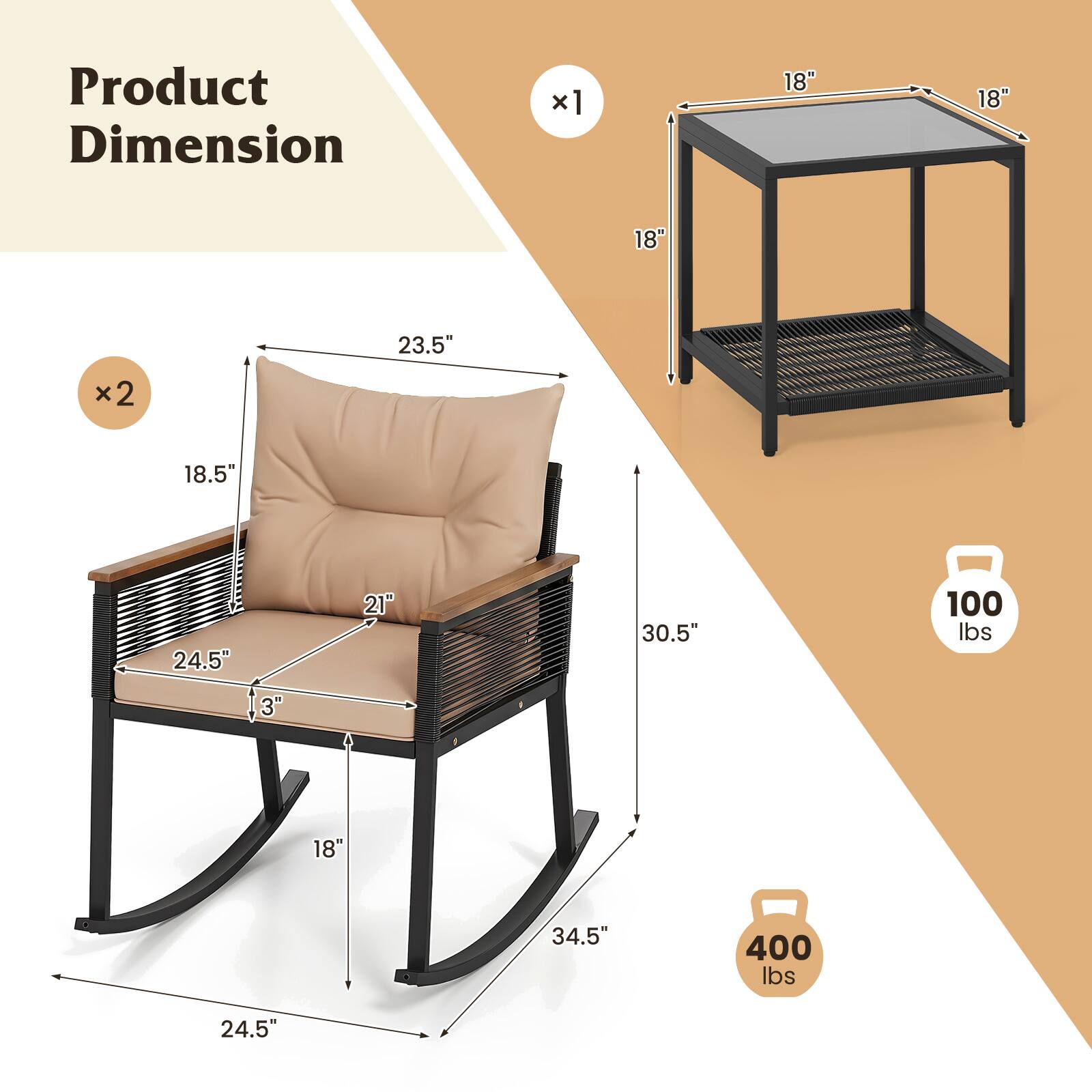 Product Dimension

- 18" x 18" x 23.5" x 2
- 18.5" x 24.5" x 21" x 30.5"
- 3" x 18" x 34.5"
- 100 lbs
- 400 lbs
