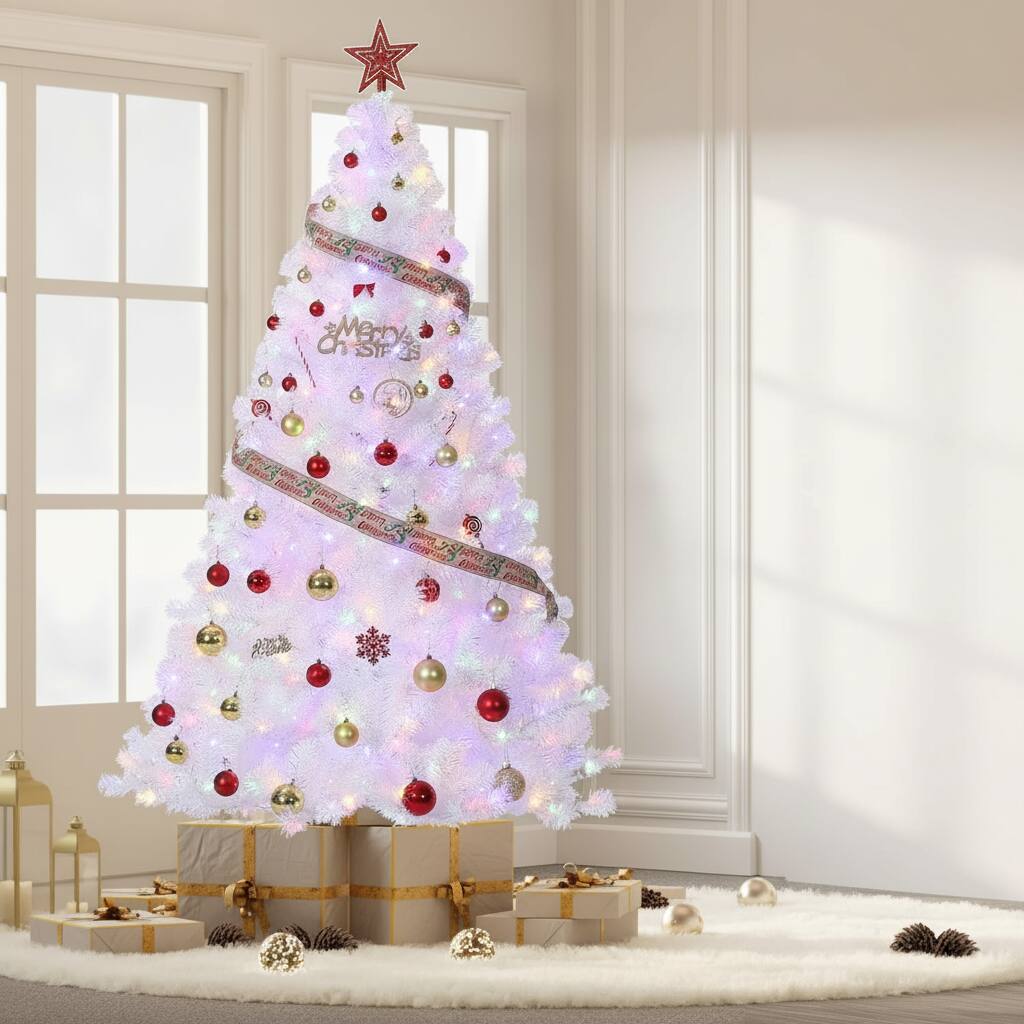 GARVEE - Pre-Lit Snow Flocked Pencil Christmas Tree, Foldable - Green