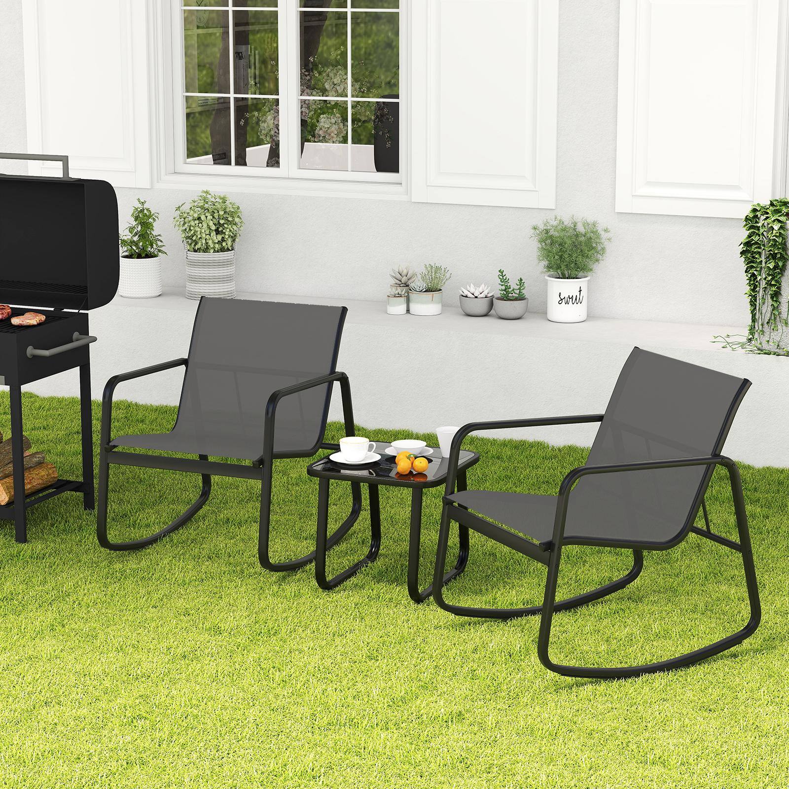 Alt View 4. Costway - Costway 3 Piece Patio Rocking Set 2 Rocking Bistro Chairs & Glass-Top Table for Porch - Black & Gray.