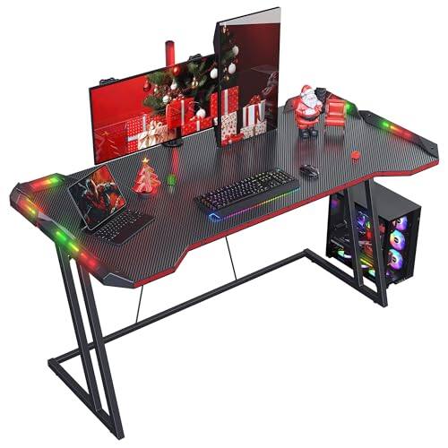 Front. Hirose Alice - Gaming Desk Z Shaped  Gamer Workstation  Home Small Computer Carbon Fiber Surface Pc Table With Headphone Hook - Dark Black-55 Inch with LED Light.