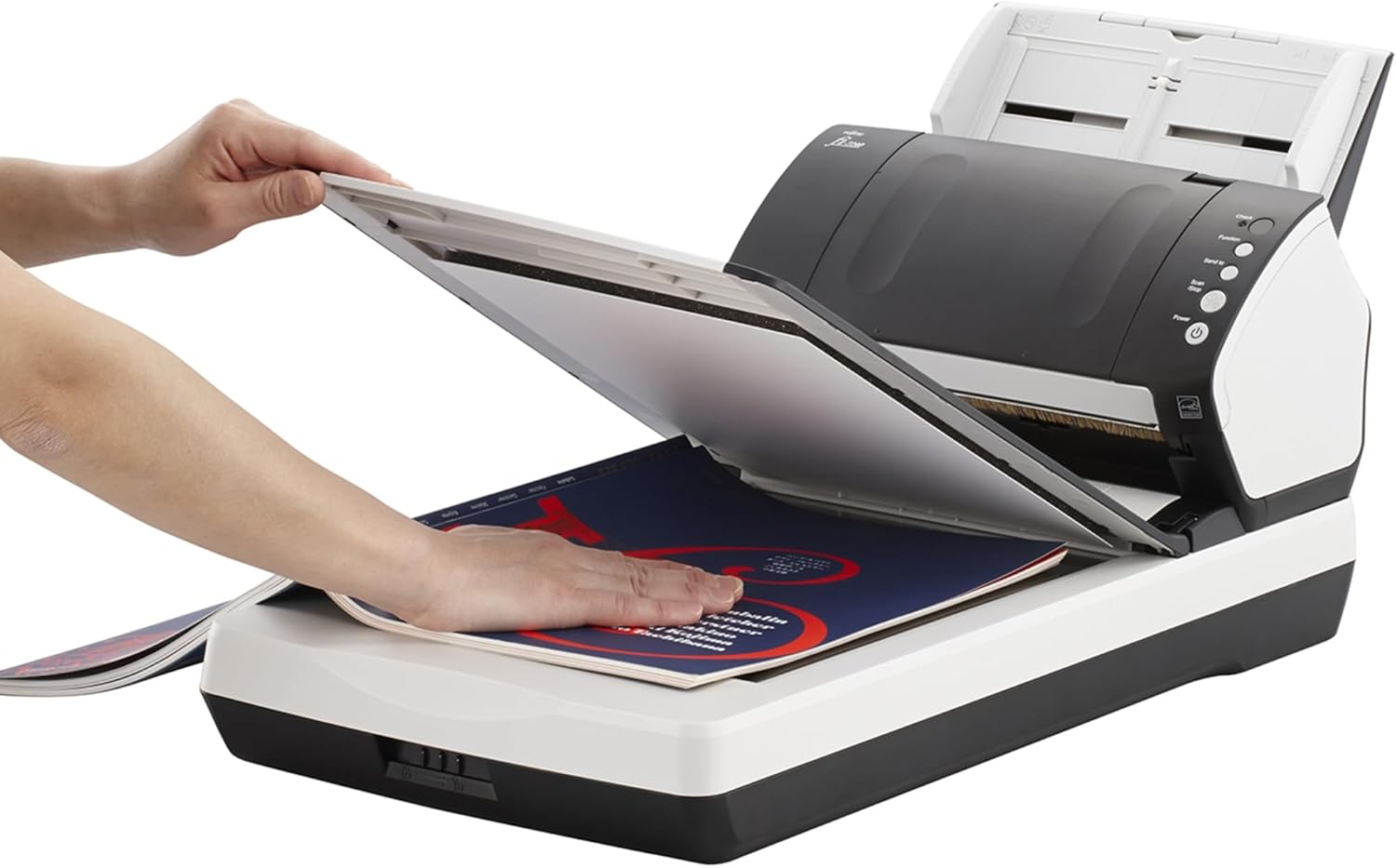 Left. Fujitsu - Fujitsu fi-7240 Color Duplex Document Scanner with Auto Document Feeder (ADF) and Flatbed - PA03670-B605 - Black and White.