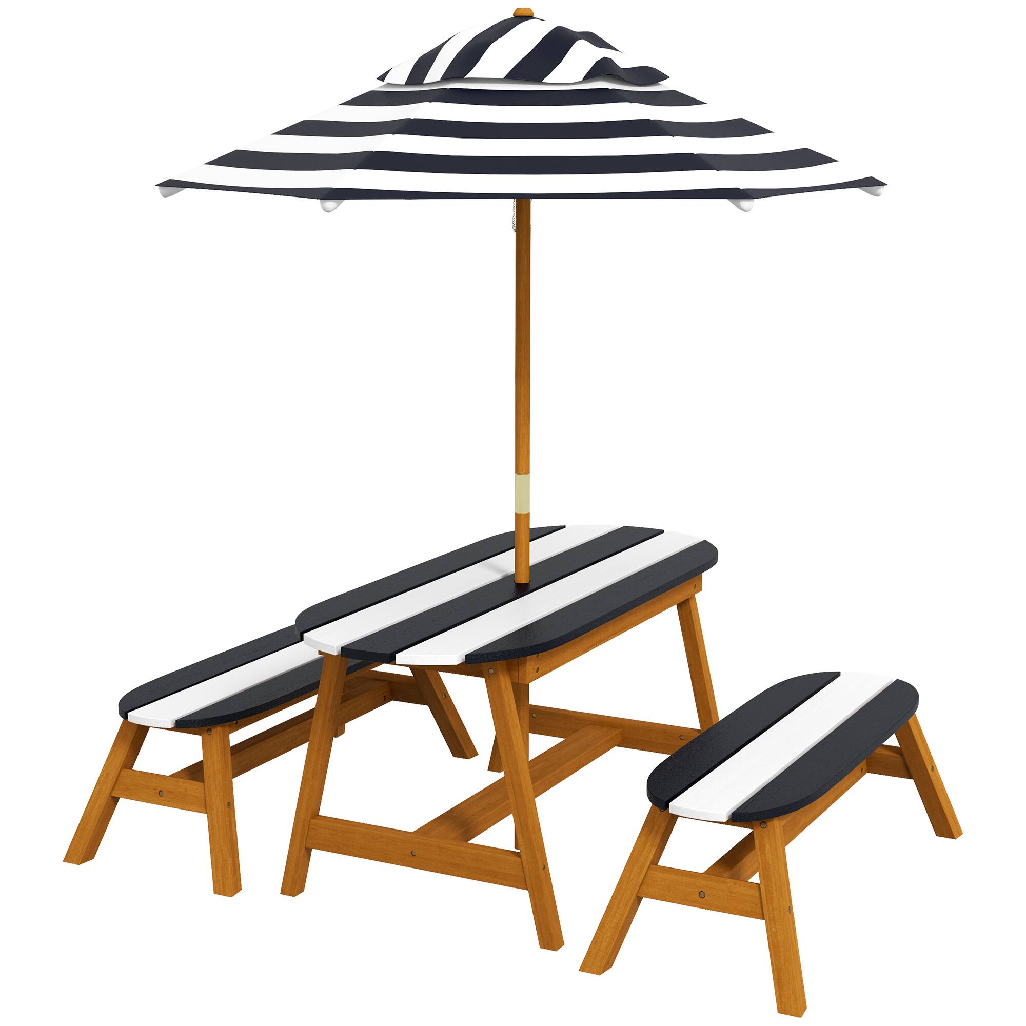 Front. Outsunny - Kids Picnic Table Set with Removable Umbrella, Wooden Kids Table and Benches for 4 Kids Ages 3-8 Years - Blue and White.