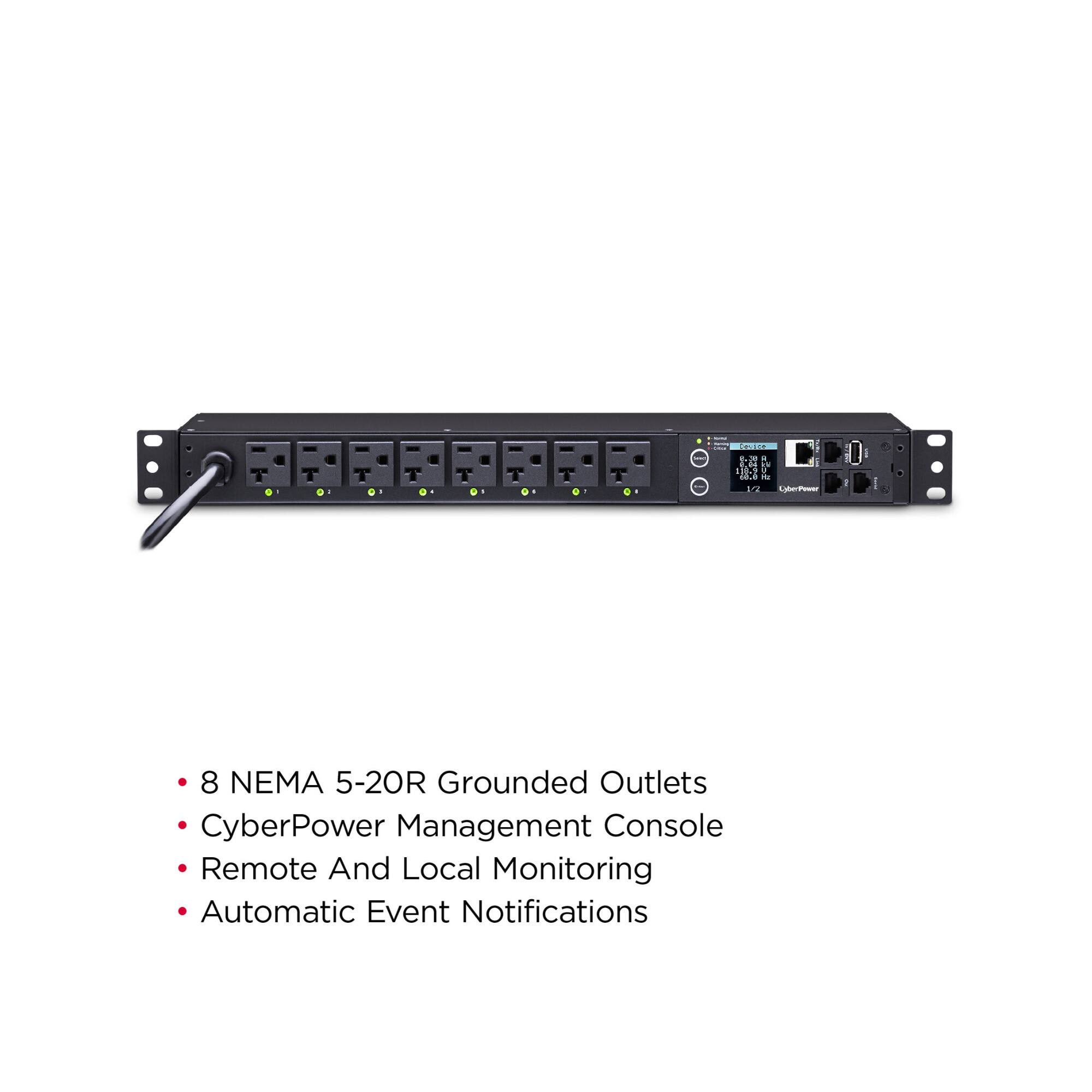 Resice  
4  
5  
0 I  
0  
-  
-  
K.S : TV 118.9 1 0.00 V2 UjberPower  
8 NEMA 5-20R Grounded Outlets CyberPower Management Console Remote And Local Monitoring Automatic Event Notifications