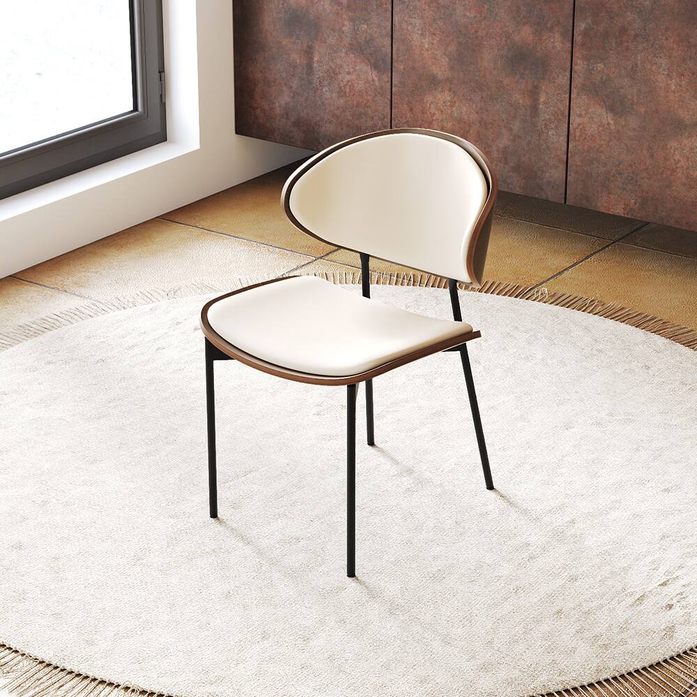 Left. POVISON - Modern Curved Back Leather Dining Chairs Set of 2, Beige & Walnut Side Chairs, Fully Assembled - Beige & Walnut.