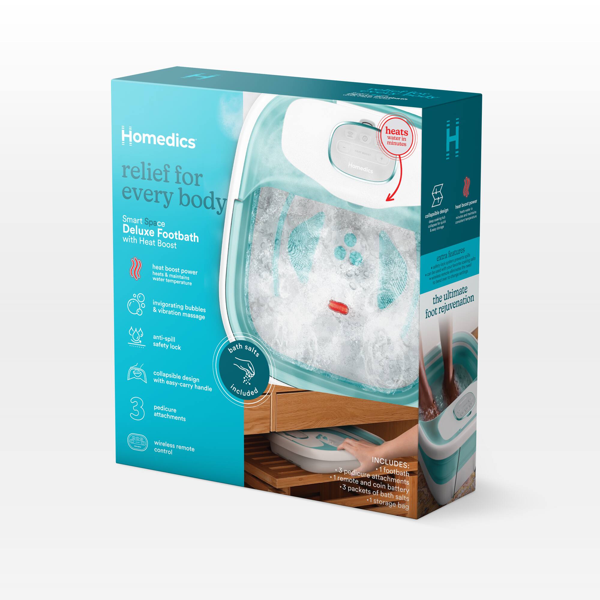 Homedics Relief for Every Body Smart Space Deluxe Footbath with Heat Boost heat boost Pests A power water maintsing temperature invigorating & bubbles vitration massage heats water in minutes - Homedies Aon - be pipndo deg -  -  AecagU - an - - - - 20 Atu al a - Buck - - A CN ann -e edee hu the uhtimate foot rejvzatin anti-spill salety lock bath saits collapsible with design easy-carry handle included 3 pedicure ettachments I wireless control remote INCLUDES: 3 footbath - podicure rembte and attachments coin - packets bath salts storage bag