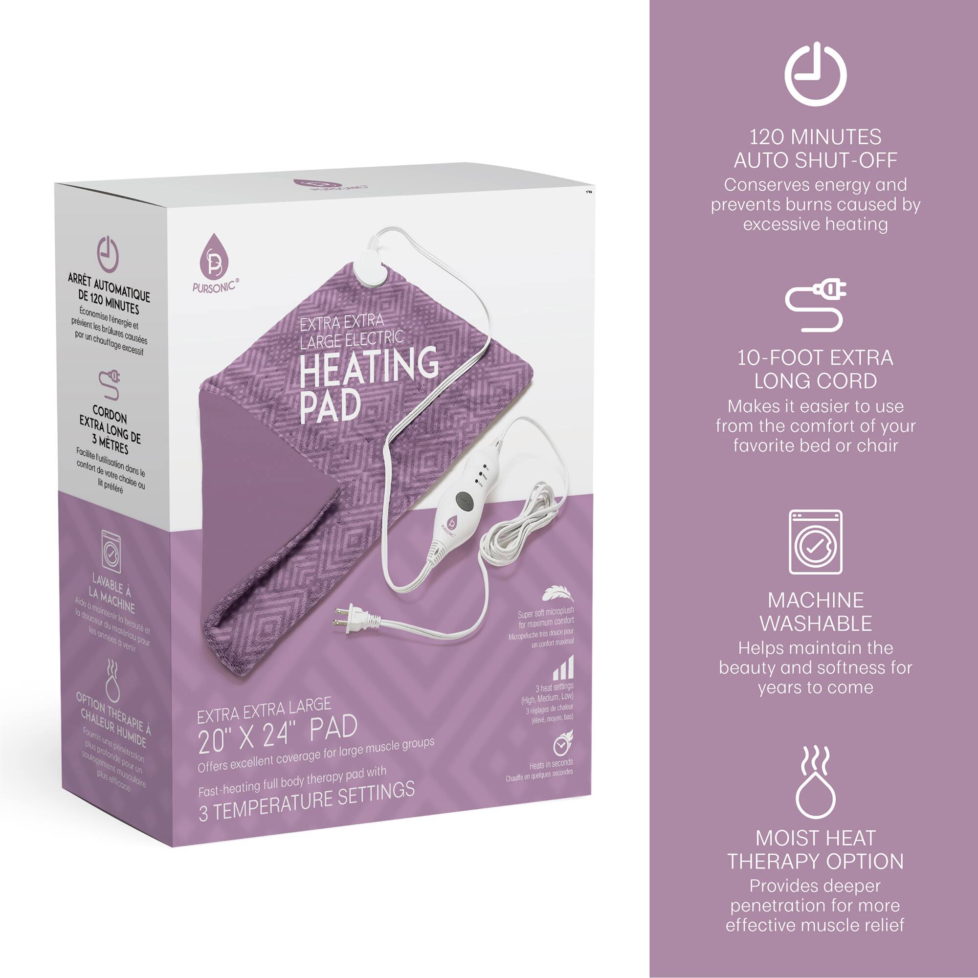 ARRET DE 120 AUTOMATIQUE MINUTES Scunomina Sntent W nnerge to - Jam churies ale - EXTRA CORDON LONG DE 3 METRES Clbe S n N TEN .  Chan d  P PURSONIC EXTRA EXTRA LARGE ELECTRIC HEATING PAD 120 MINUTES AUTO SHUT-OFF Conserves energy and prevents burns caused by excessive heating 10-FOOT EXTRA LONG CORD Makes it easier to use from the comfort of your favorite bed or chair LA LAVABLE A LA MACHINE  s8kc iuetora E - & anal - ET CE - OPTION CHALEUR THERAPE A Vaac HUMIDE The - Sllggeer DAd - pinstestion 10a - pa-dlom EXTRA LARGE EXTRA 20" X 24" PAD for large muscle groups Offers excellent coverage pad with full body therapy Fast-heating SETTINGS 3 TEMPERATURE Spe - merpush W maorun cantot . duz - Mergelute . udr naird 31 wtings Moh Rlur Ls -e a Jabe M - b - acont Sape sd Caf . MACHINE WASHABLE Helps maintain