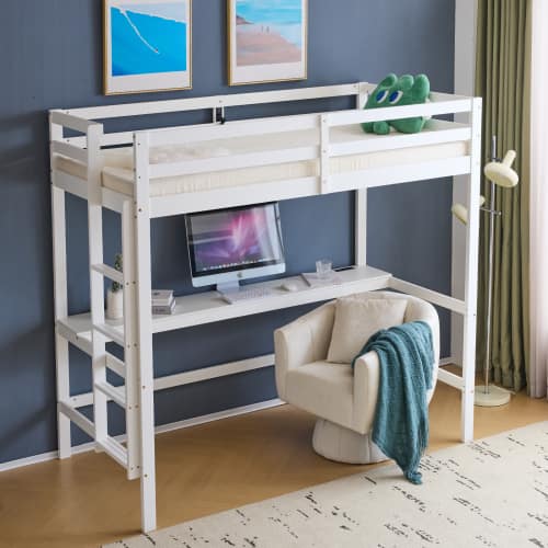 Winado - Twin Size Wood Loft Bed Frame with Desk & Bookcase Solid Safety Guardrail with RGB LED 2 Charging Station for Junior - White