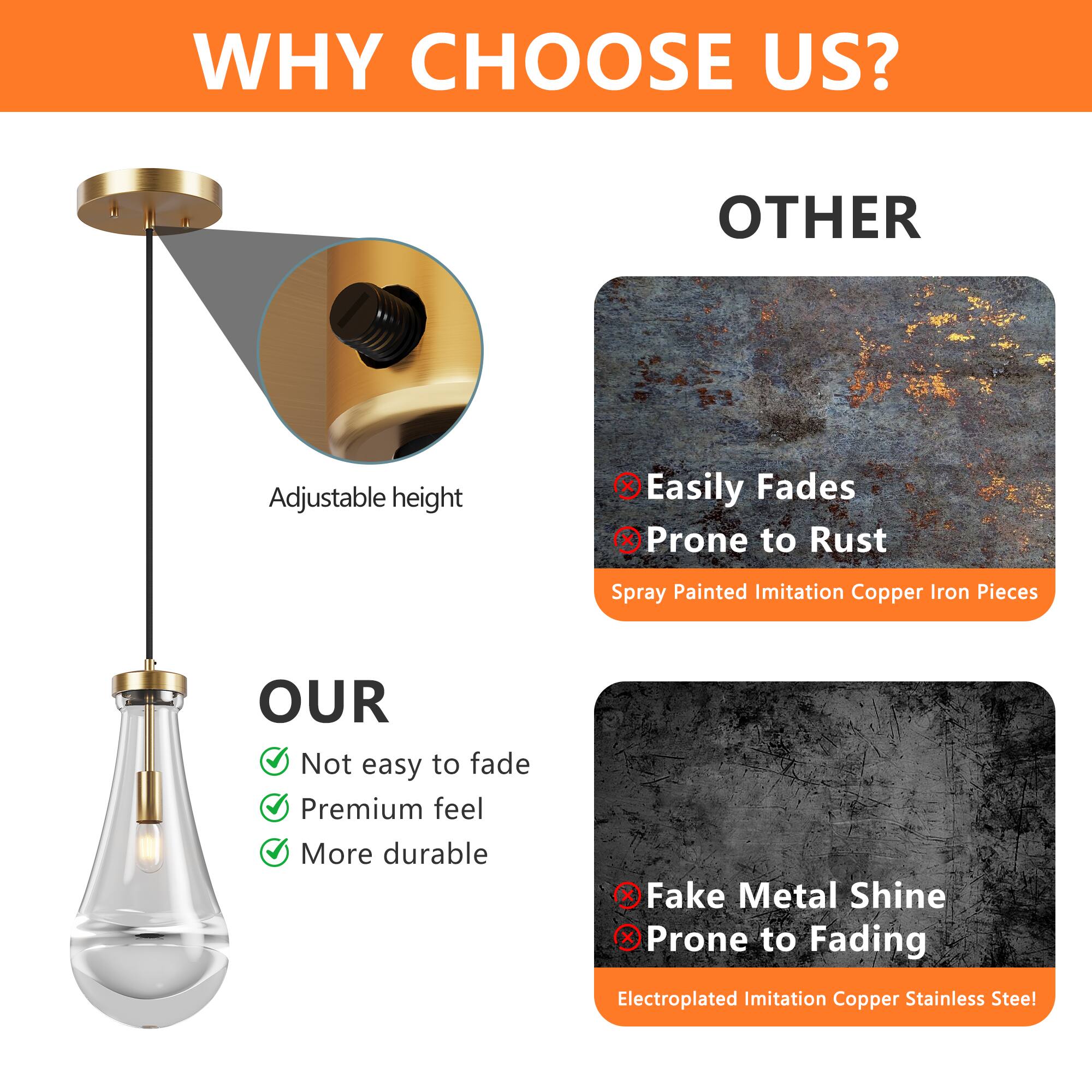 WHY CHOOSE US?

OTHER
- Easily Fades
- Prone to Rust
- Spray Painted Imitation Copper Iron Pieces

OUR
- Not easy to fade
- Premium feel
- More durable

- Fake Metal Shine
- Prone to Fading
- Electroplated Imitation Copper Stainless Steel