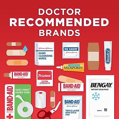 DOCTOR RECOMMENDED BRANDS

- JOHNSON & JOHNSON HAND CLEANSING WIPES
- BAND-AID
- TYLENOL EXTRA STRENGTH
- NEOSPORIN
- BENGAY
- INSTANT COLD PACK
- HURT-FREE PAPER TAPE
- TRIPLE LAYER NON-STICK PAD
- NU CAUZE
- BENADRYL
- BAND-AID + NU CAUZE