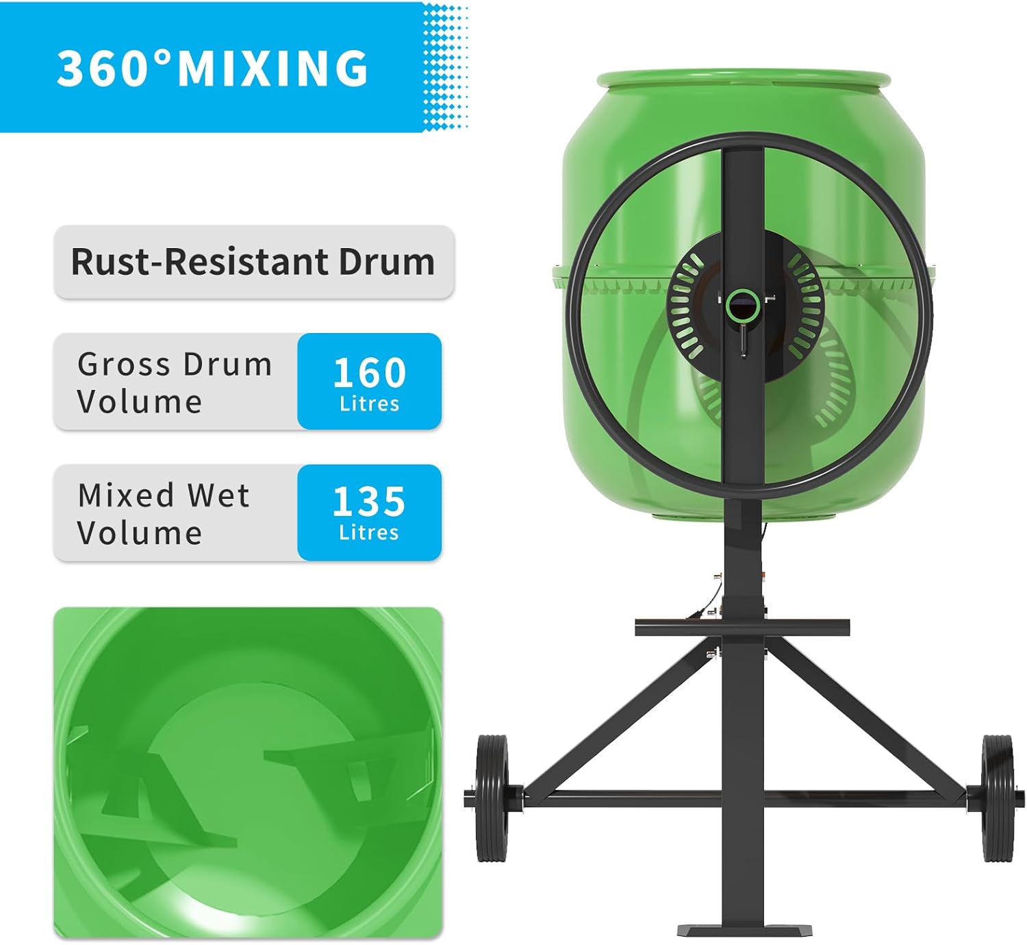 360° MIXING

Rust-Resistant Drum

Gross Drum Volume 160 Litres

Mixed Wet Volume 135 Litres
