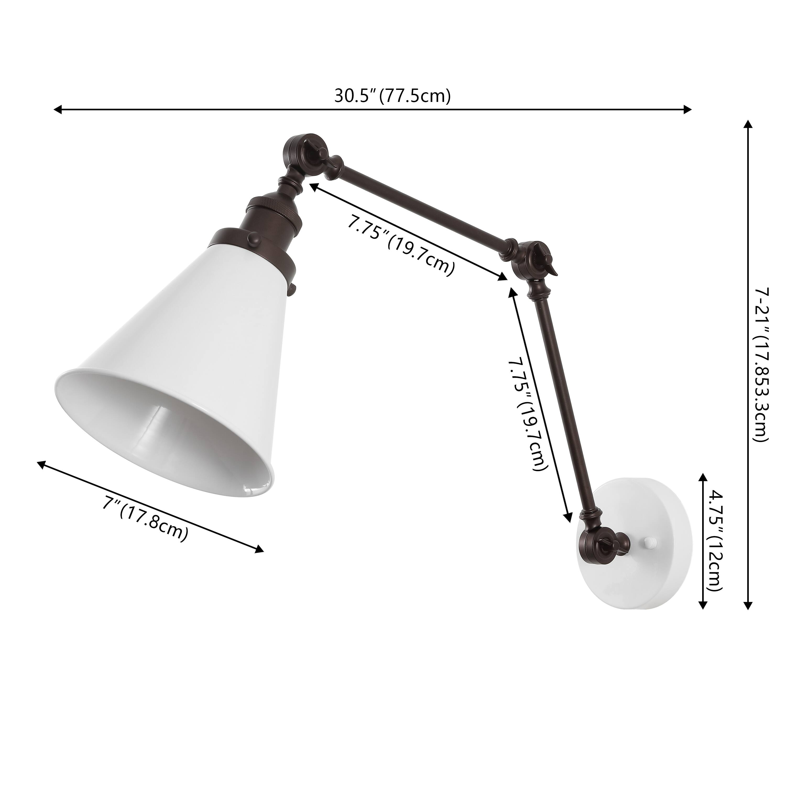 30.5" (77.5cm)  
7" (17.8cm)  
7.75" (19.7cm)  
7.75" (19.7cm)  
7.75" (19.7cm)  
4.75" (12cm)  
7-21" (17.8-53.3cm)