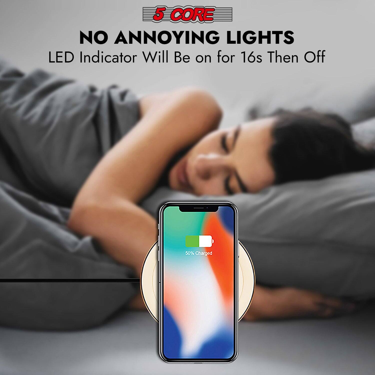 5 CORE  
NO ANNOYING LIGHTS  
LED Indicator Will Be on for 16s Then Off  
50% Charged