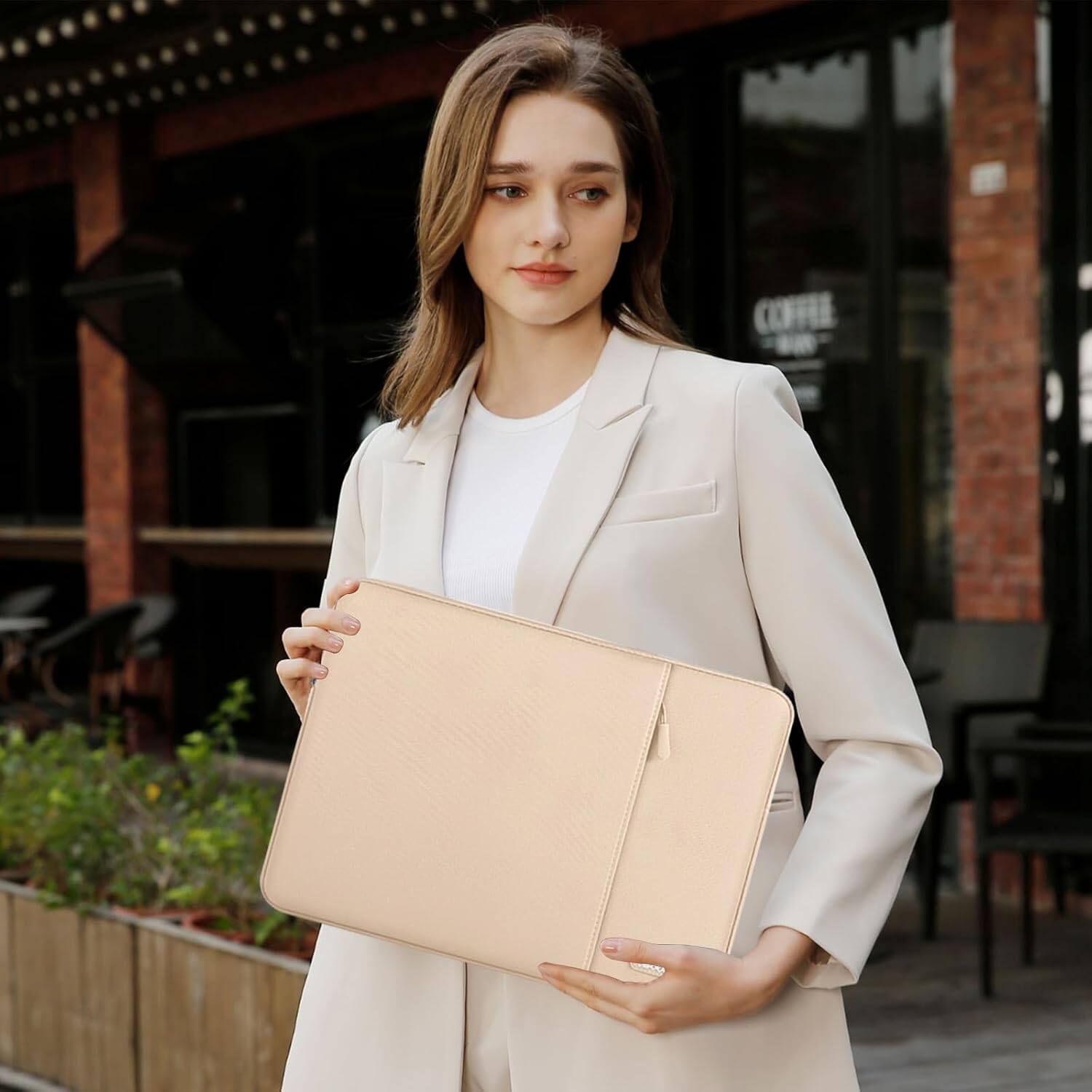 Alt View 1. mosiso - 15-16 Inch Laptop Sleeve with Pocket, Polyester Vertical Case for MacBook Pro 16 M5 M4 M3 M2 M1,HP Acer Dell Lenovo ASUS - Apricot.
