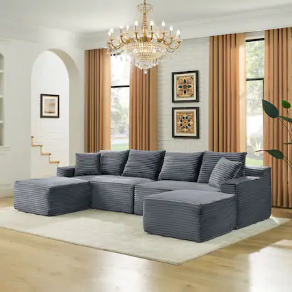 Front. Anysun - 115" U-Shape Boneless Corduroy Sectional with Chaise & Ottoman-No Assembly, Deep-Seat Modular Cloud Sofa for Living Room - Gray.