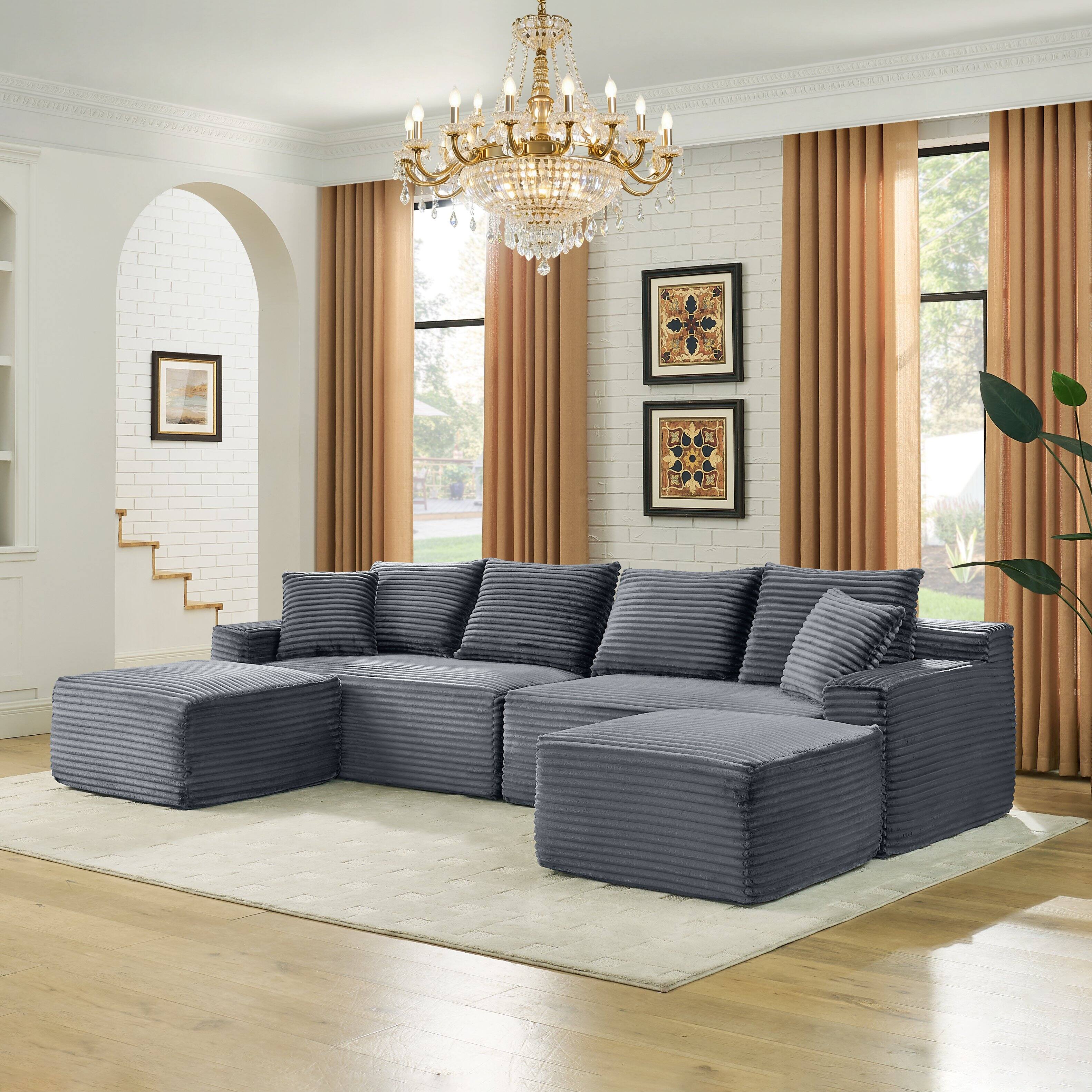 Front. Anysun - 115" U-Shape Boneless Corduroy Sectional with Chaise & Ottoman-No Assembly, Deep-Seat Modular Cloud Sofa for Living Room - Gray.