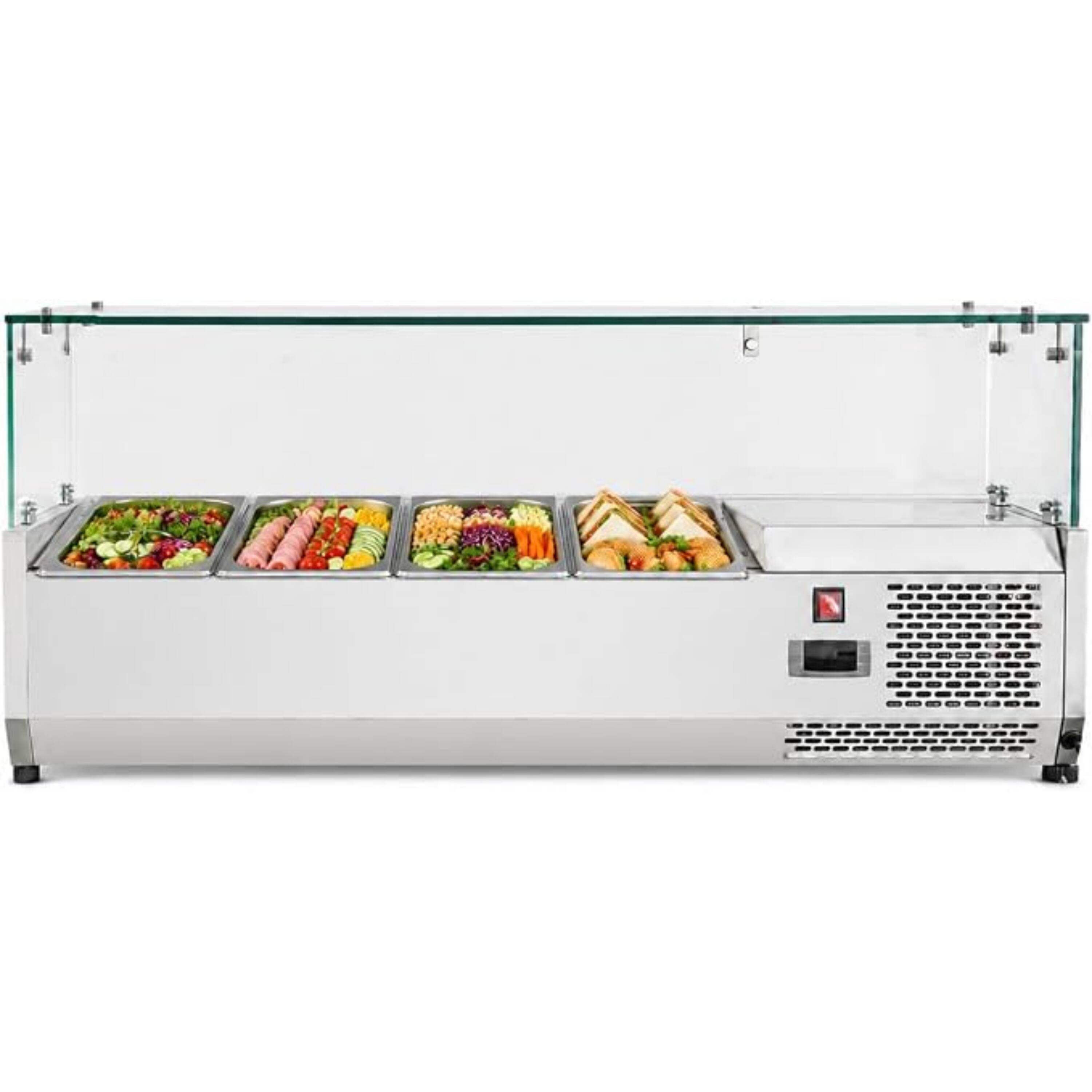 Angle. Equator - Equator Vitlife Commercial Refrigerator Condiment Prep Station, Glass Lid, 4 Pan(1/3*3+1/2*1) 33–41°F, 47.2" - Stainless Steel.