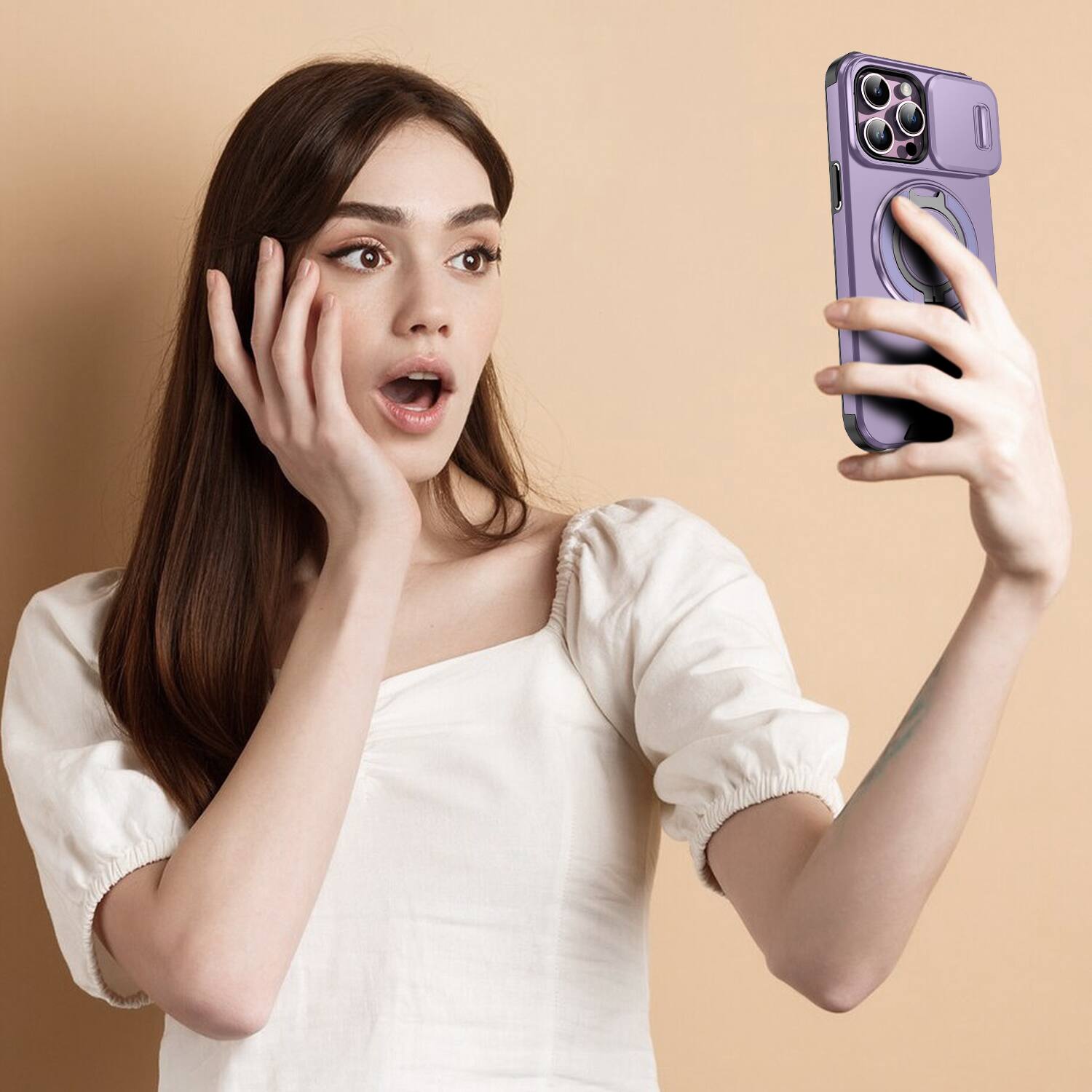 Alt View 6. UUCOVER - For Apple iPhone 14 Pro Max Magnetic Case with Slide Camera Lens Cover & 360° Ring Stand - Drop Protection Phone Shell - Purple.