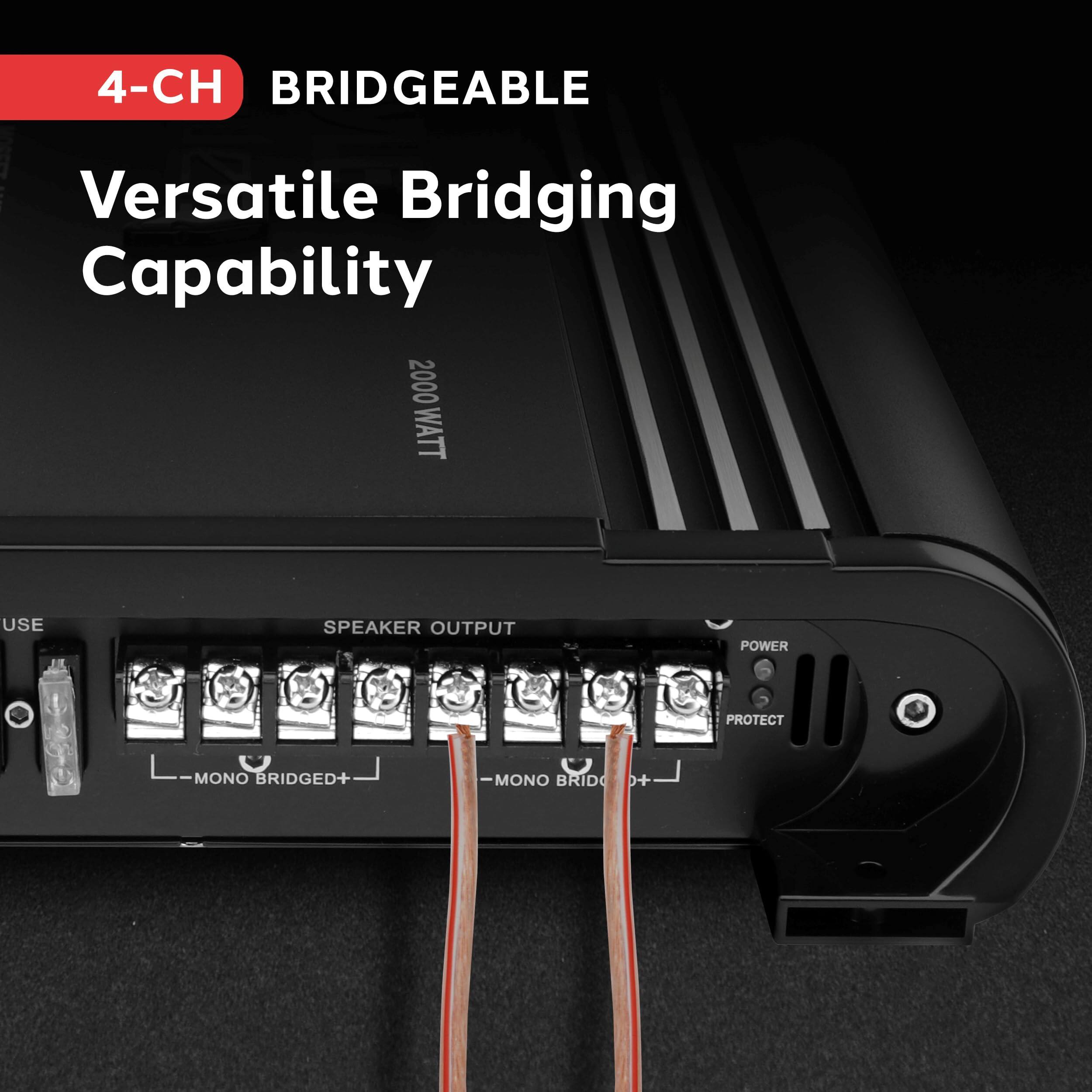 4-CH BRIDGEABLE  
Versatile Bridging Capability  
2000 WATT USE SPEAKER OUTPUT POWER PROTECT  
MONO BRIDGED+  
MONO BRIDGED+
