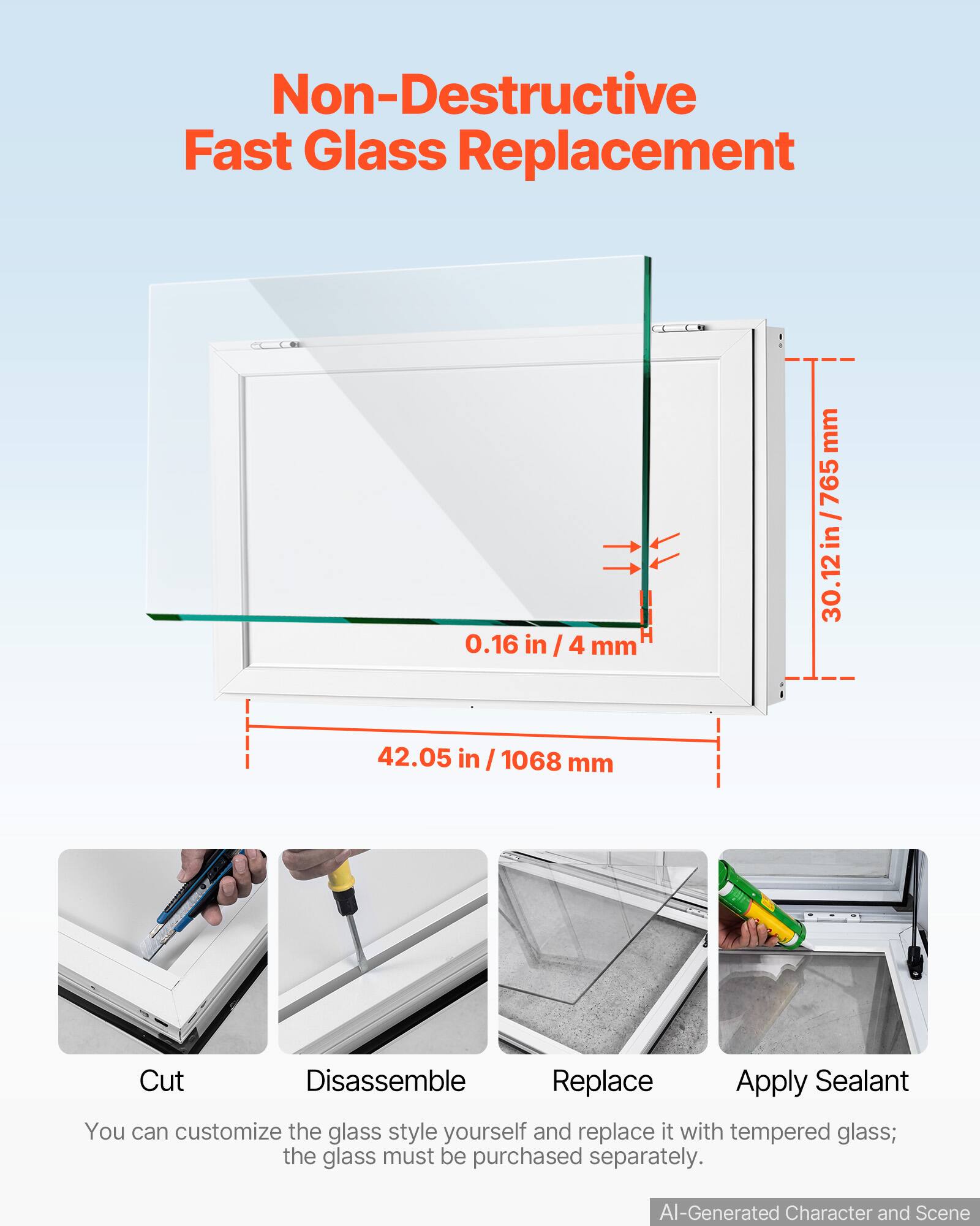 Non-Destructive Fast Glass Replacement

0.16 in / 4 mm
30.12 in / 765 mm
42.05 in / 1068 mm

Cut
Disassemble
Replace
Apply Sealant

You can customize the glass style yourself and replace it with tempered glass; the glass must be purchased separately.

AI-Generated Character and Scene