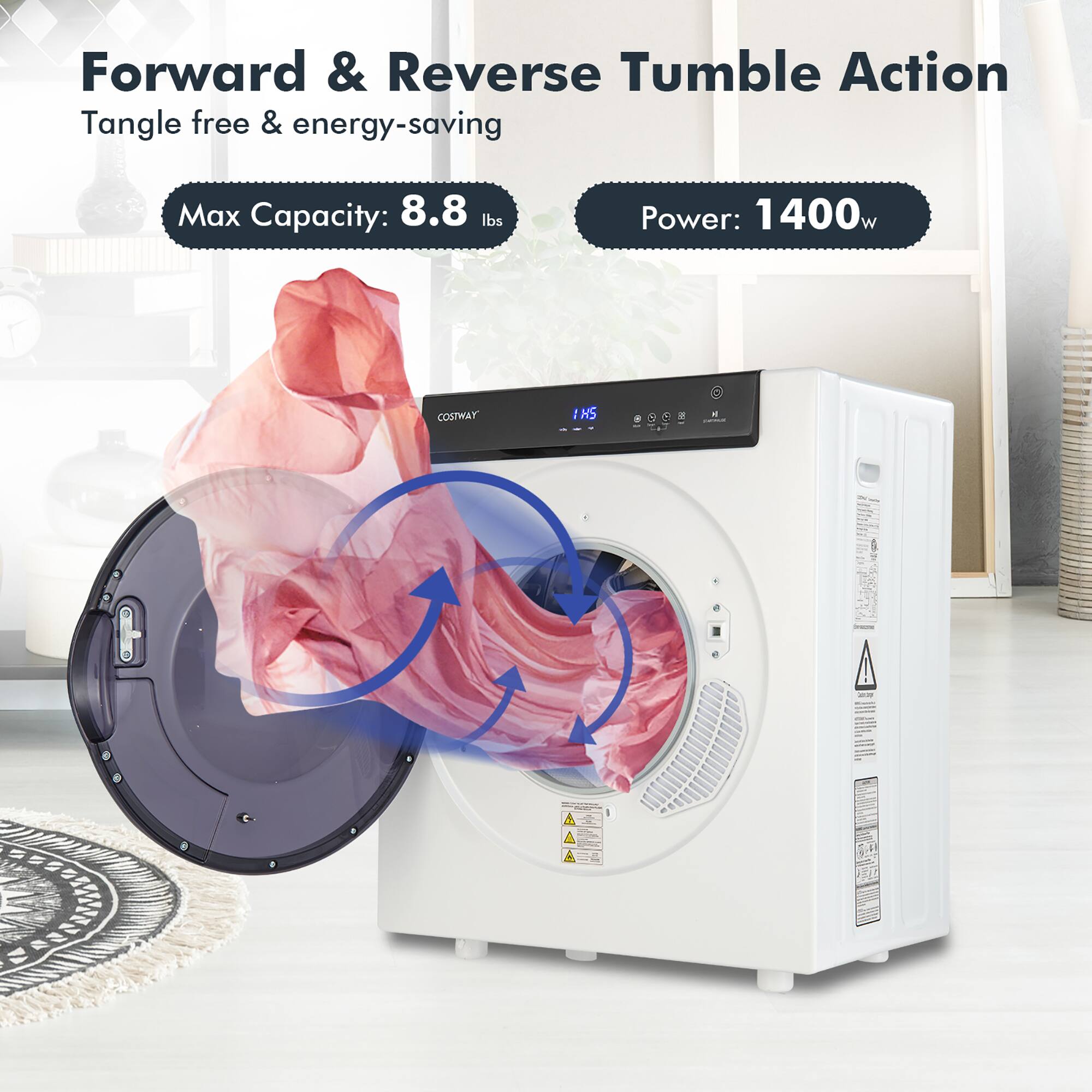 Forward & Reverse Tumble Action  
Tangle free & energy-saving  

Max Capacity: 8.8 lbs  
Power: 1400w  

COMWAY - IHS