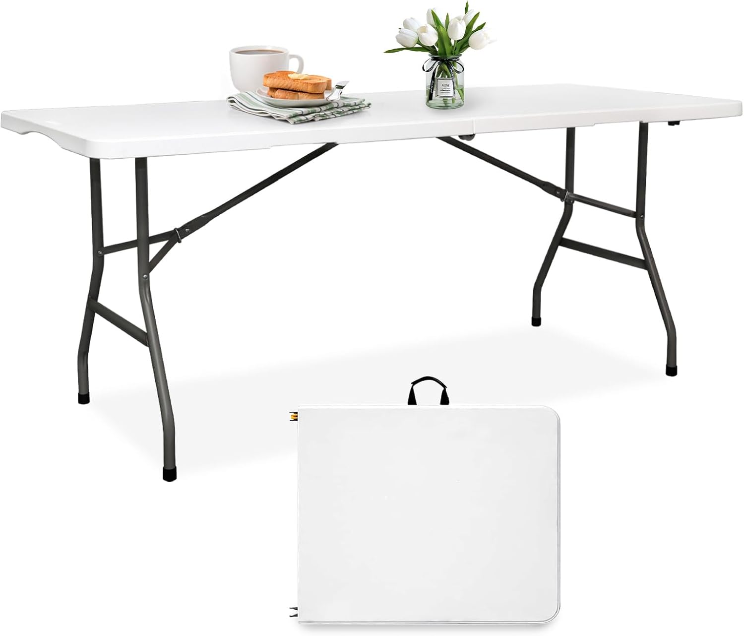 Front. TinyHomie - Folding Table 6FT HDPE 6 Foot Foldable Table Portable Banquet Surface Fold-in-Half Desk Utility White - White.